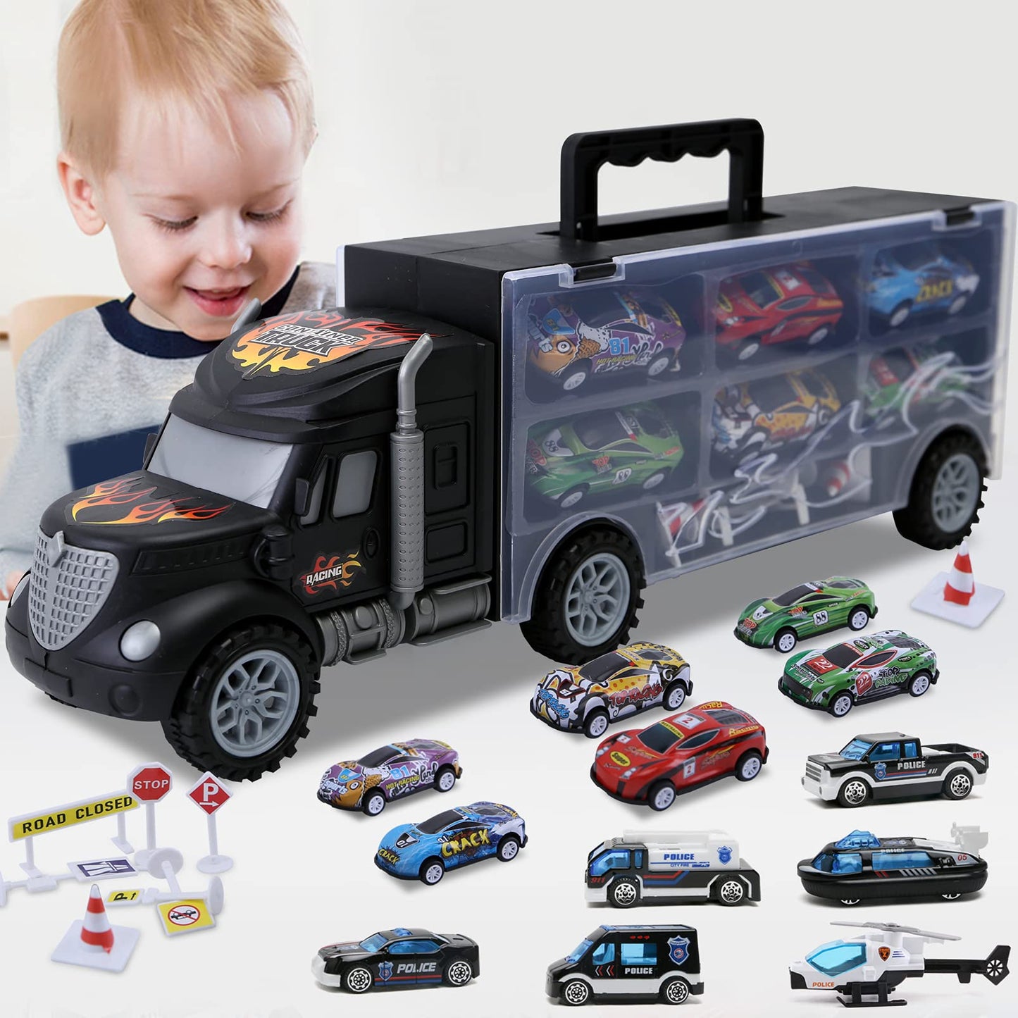 JODUDLR Toddler Car Carrier Truck Toys – 12 Die-Cast Vehicles Set for Ages 3-7