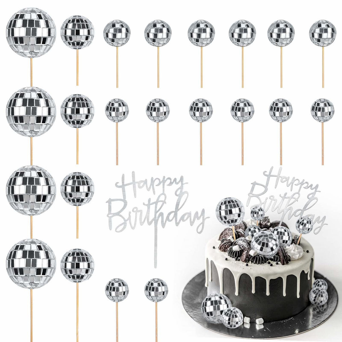 JOERSH 23pcs Disco Ball Cupcake Toppers – 70s Disco Theme Cake Picks & Happy Birthday Topper
