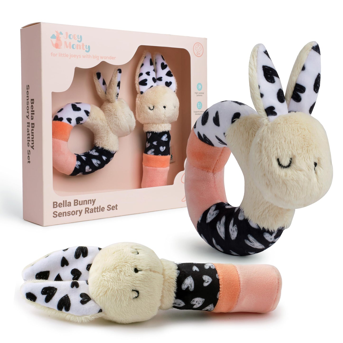Joey Monty Bella Bunny Sensory Rattle Set – Newborn High-Contrast Plush Toys (0–6 Months)