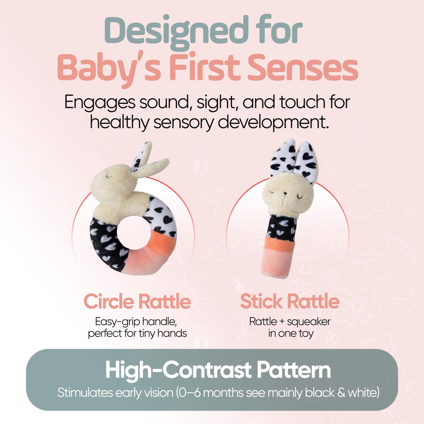 Joey Monty Bella Bunny Sensory Rattle Set – Newborn High-Contrast Plush Toys (0–6 Months)