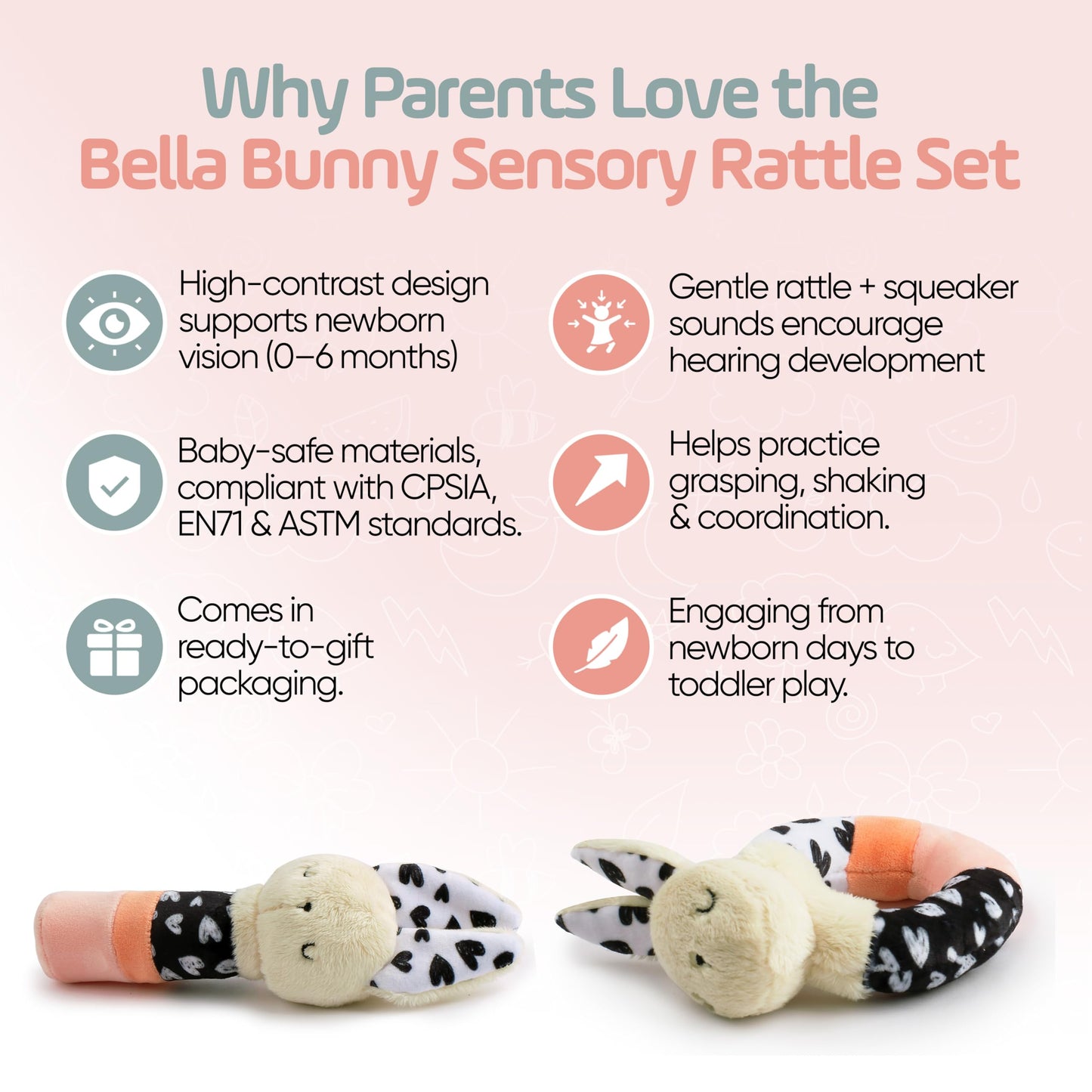 Joey Monty Bella Bunny Sensory Rattle Set – Newborn High-Contrast Plush Toys (0–6 Months)