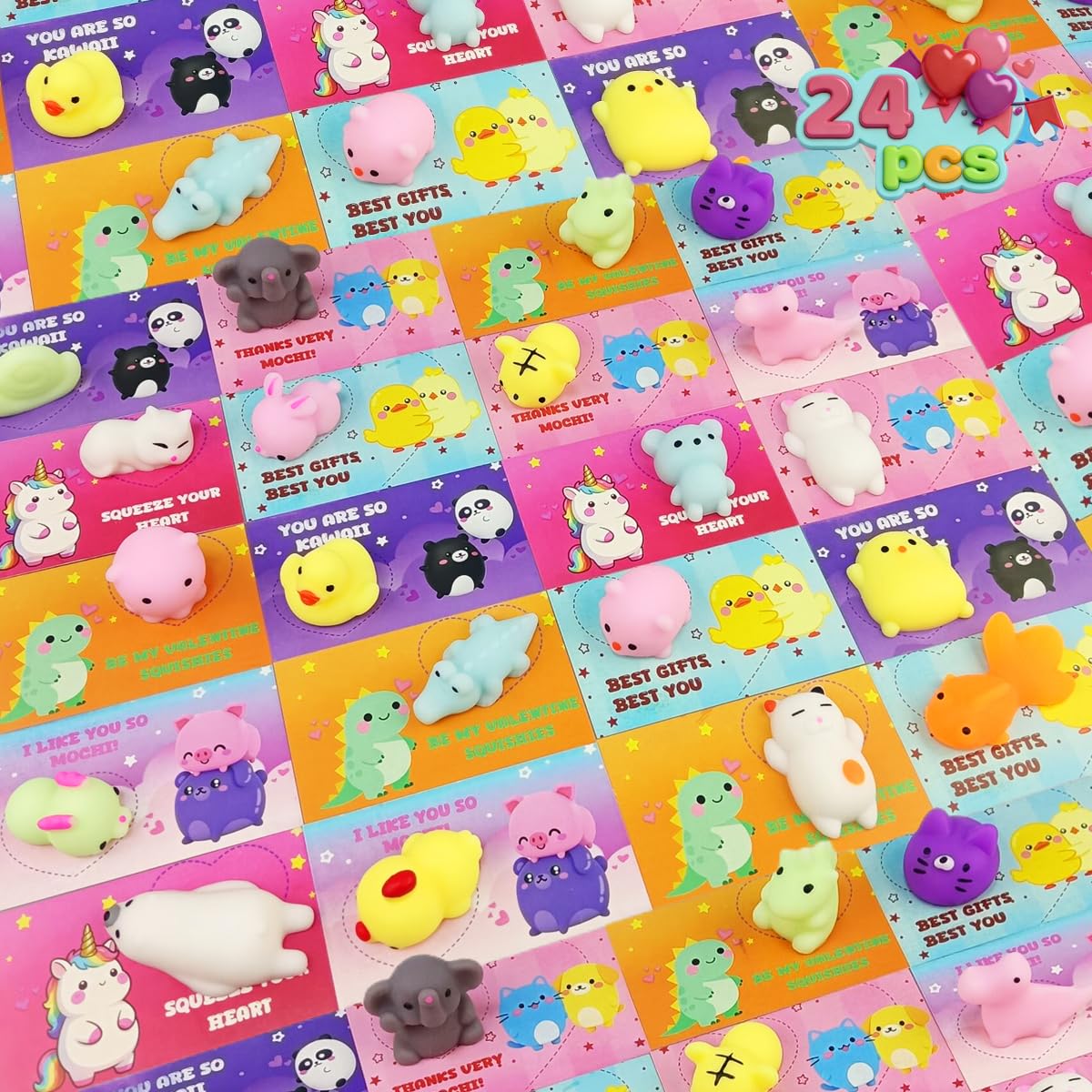 JoFAN 24 Pcs Mochi Squishy Toys with Valentines Cards – Kids Valentines Day Gifts & Classroom Prizes