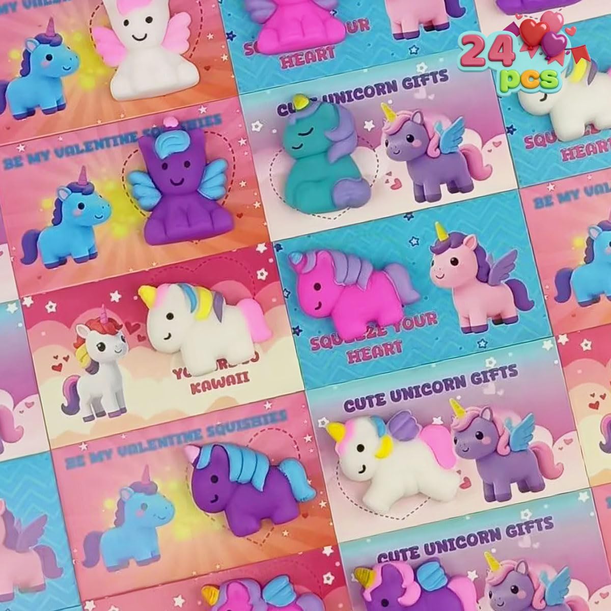 JoFAN 24 PCS Unicorn Mochi Squishy Toys with Valentines Cards – Kids Valentines Gifts & Party Favors