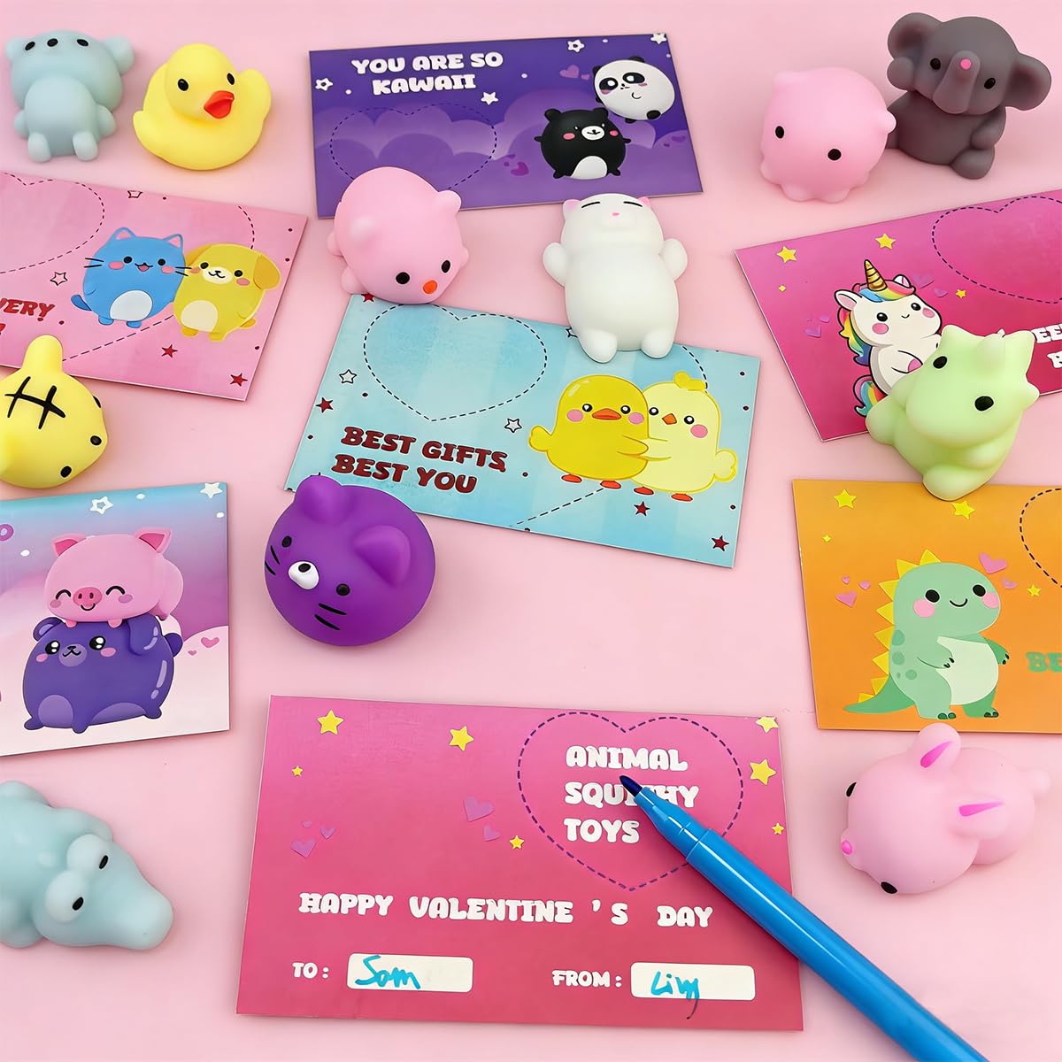 JoFAN 24 Pcs Mochi Squishy Toys with Valentines Cards – Kids Valentines Day Gifts & Classroom Prizes