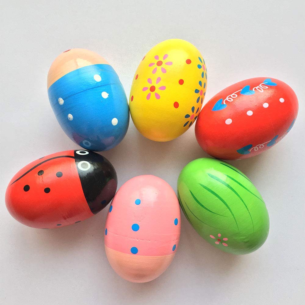 JoFAN 6 Pack Wooden Shake Eggs – Colorful Easter Egg Shakers for Kids