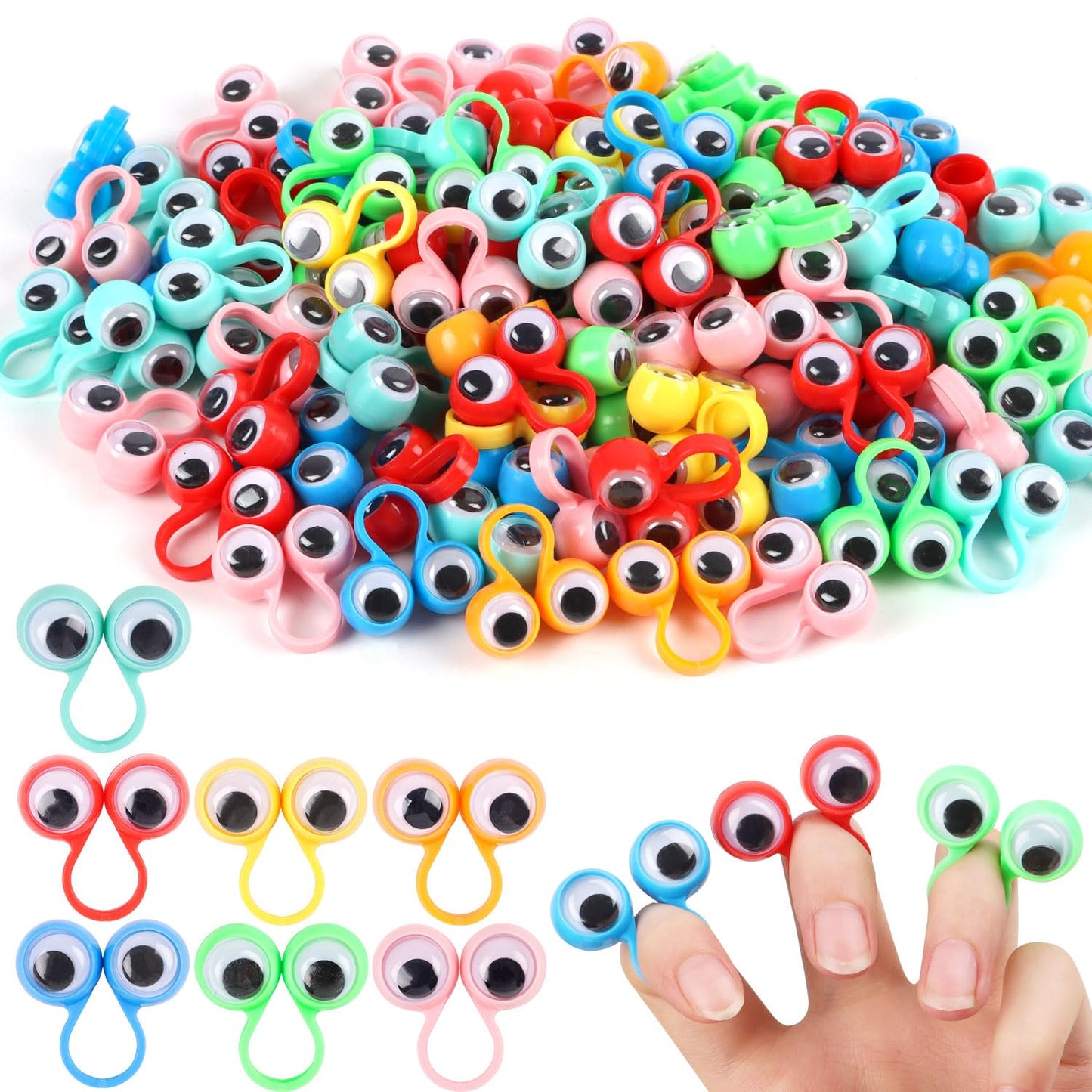 JOFONY 100 Pcs Eye Finger Puppets – 7 Colors for Classrooms & Parties