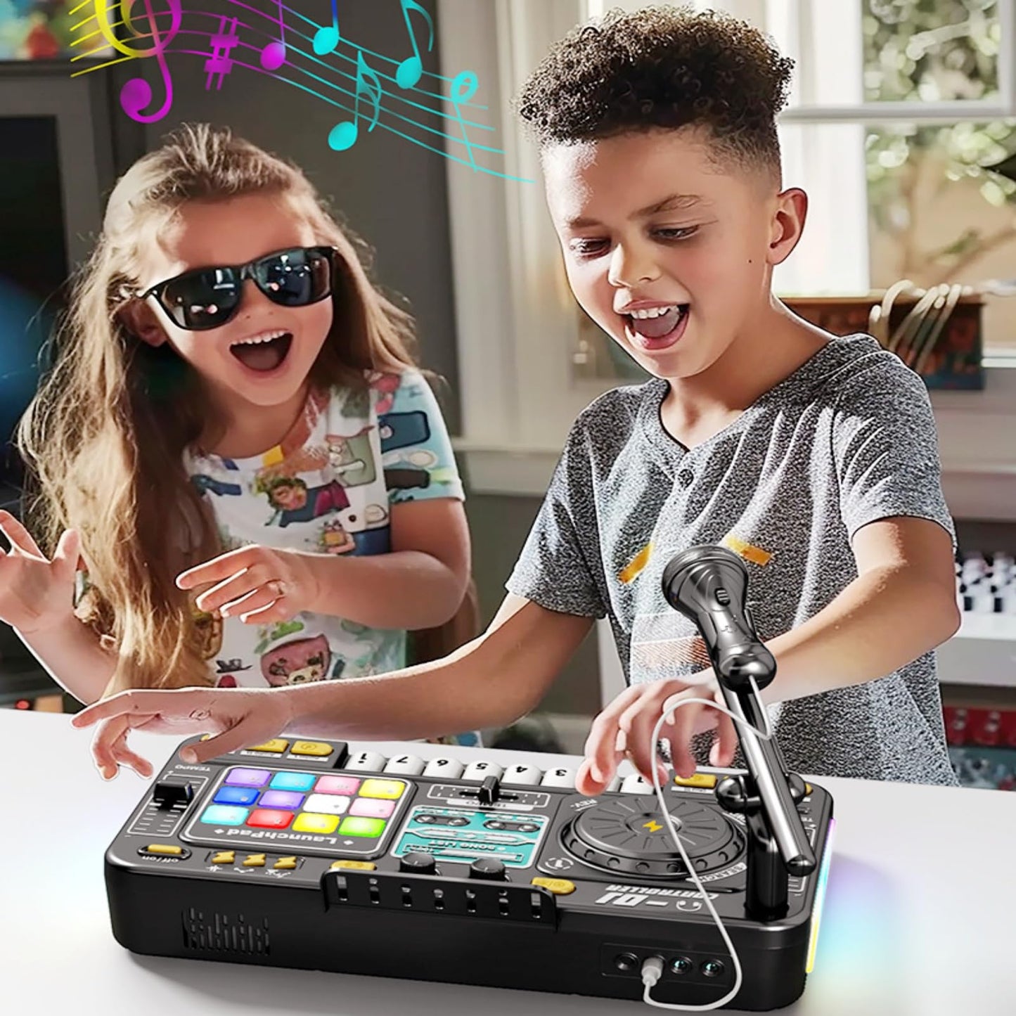Johehe Rechargeable Kids DJ Mixer with LED Light Show, Karaoke Microphone & 12 Sound Keys | Interactive Music Toy for Ages 4-8+