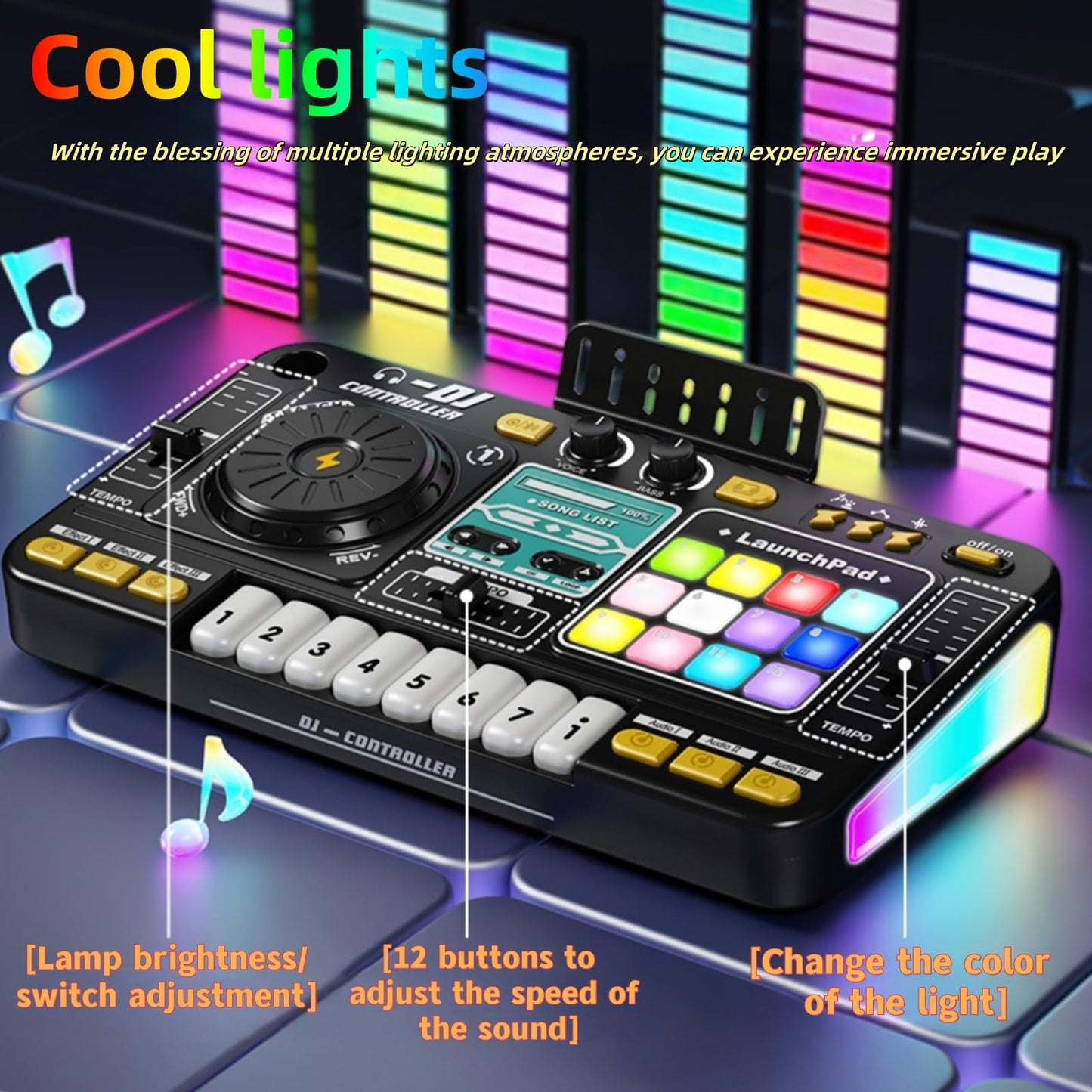 Johehe Rechargeable Kids DJ Mixer with LED Light Show, Karaoke Microphone & 12 Sound Keys | Interactive Music Toy for Ages 4-8+