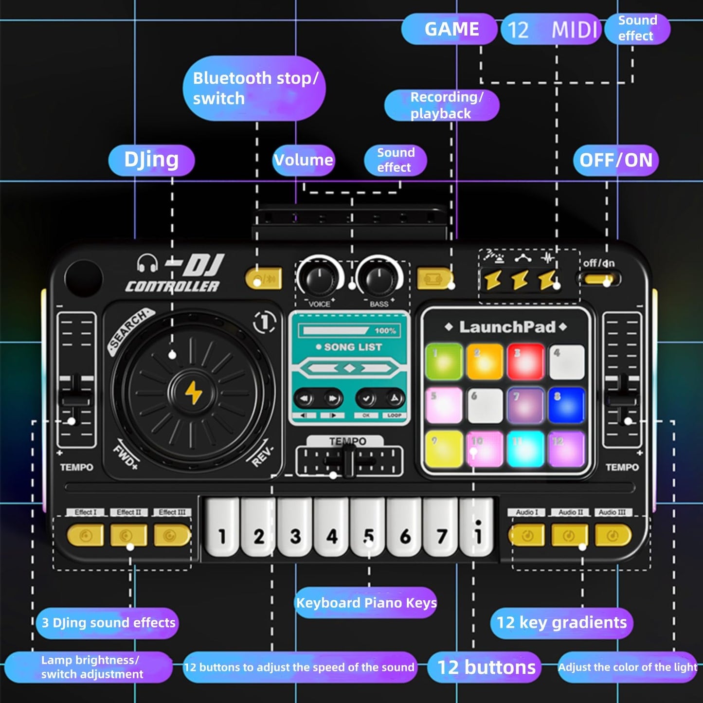 Johehe Rechargeable Kids DJ Mixer with LED Light Show, Karaoke Microphone & 12 Sound Keys | Interactive Music Toy for Ages 4-8+