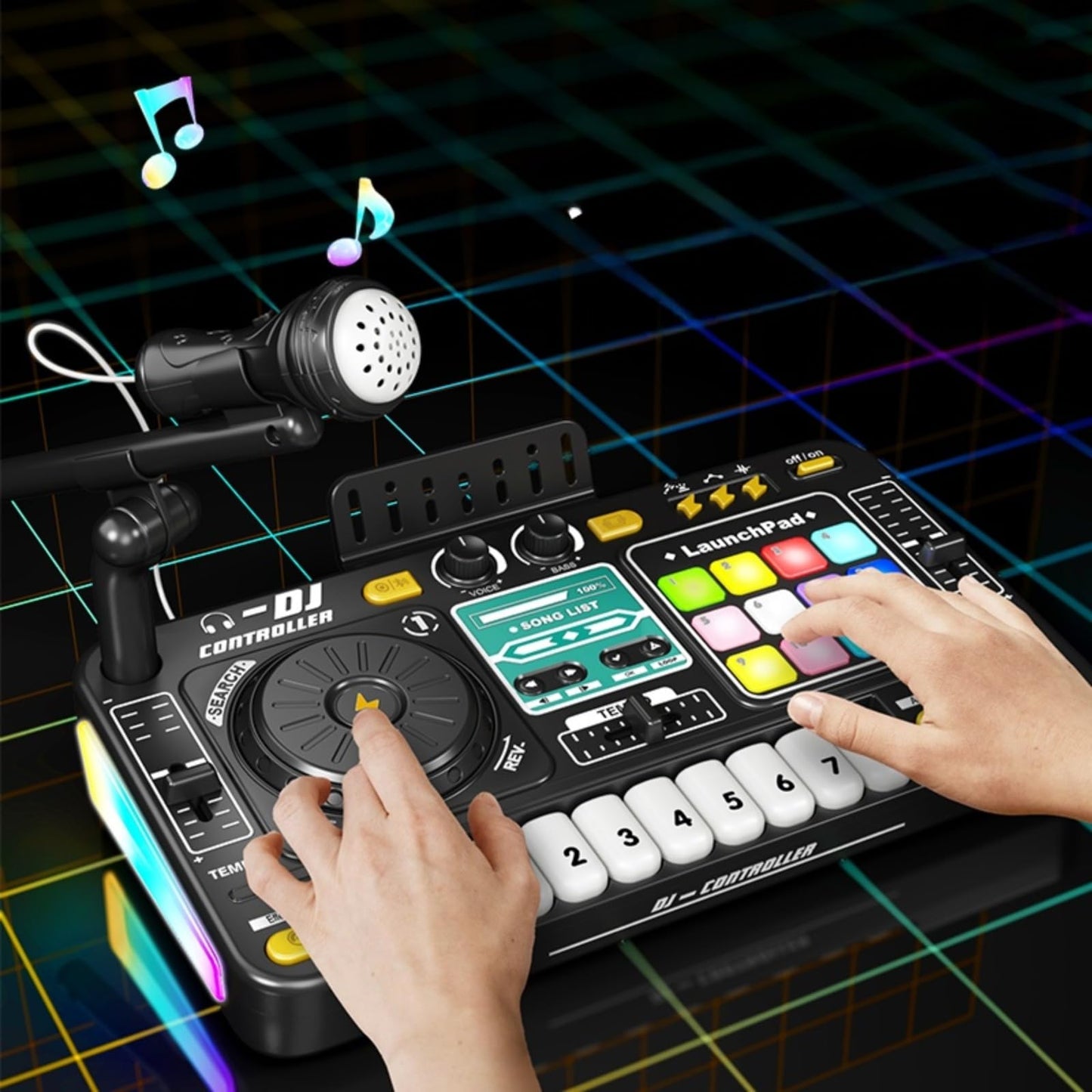 Johehe Rechargeable Kids DJ Mixer with LED Light Show, Karaoke Microphone & 12 Sound Keys | Interactive Music Toy for Ages 4-8+