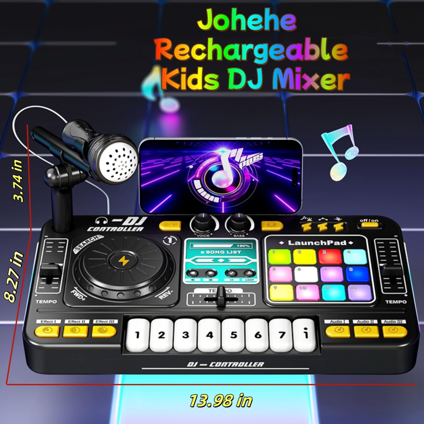 Johehe Rechargeable Kids DJ Mixer with LED Light Show, Karaoke Microphone & 12 Sound Keys | Interactive Music Toy for Ages 4-8+