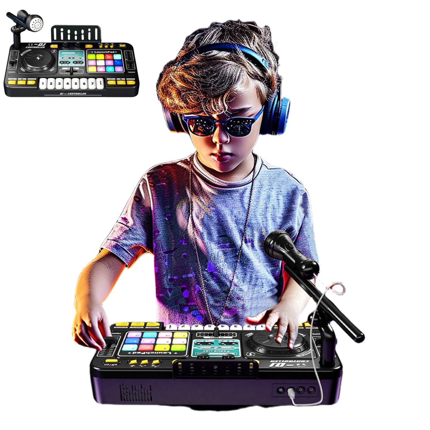 Johehe Rechargeable Kids DJ Mixer with LED Light Show, Karaoke Microphone & 12 Sound Keys | Interactive Music Toy for Ages 4-8+