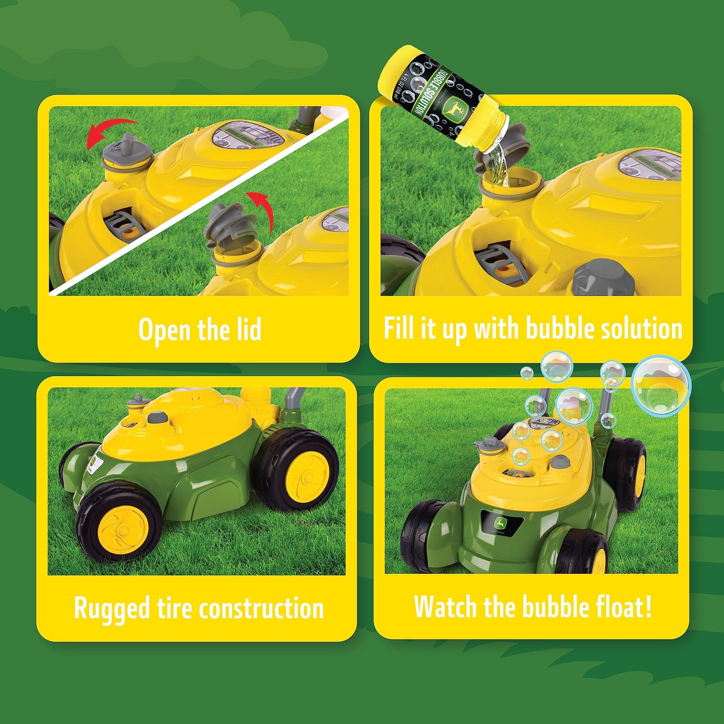 John Deere Bubble Lawn Mower for Toddlers – Push Along Bubble Toy, No Batteries, 2+, Indoor & Outdoor Play