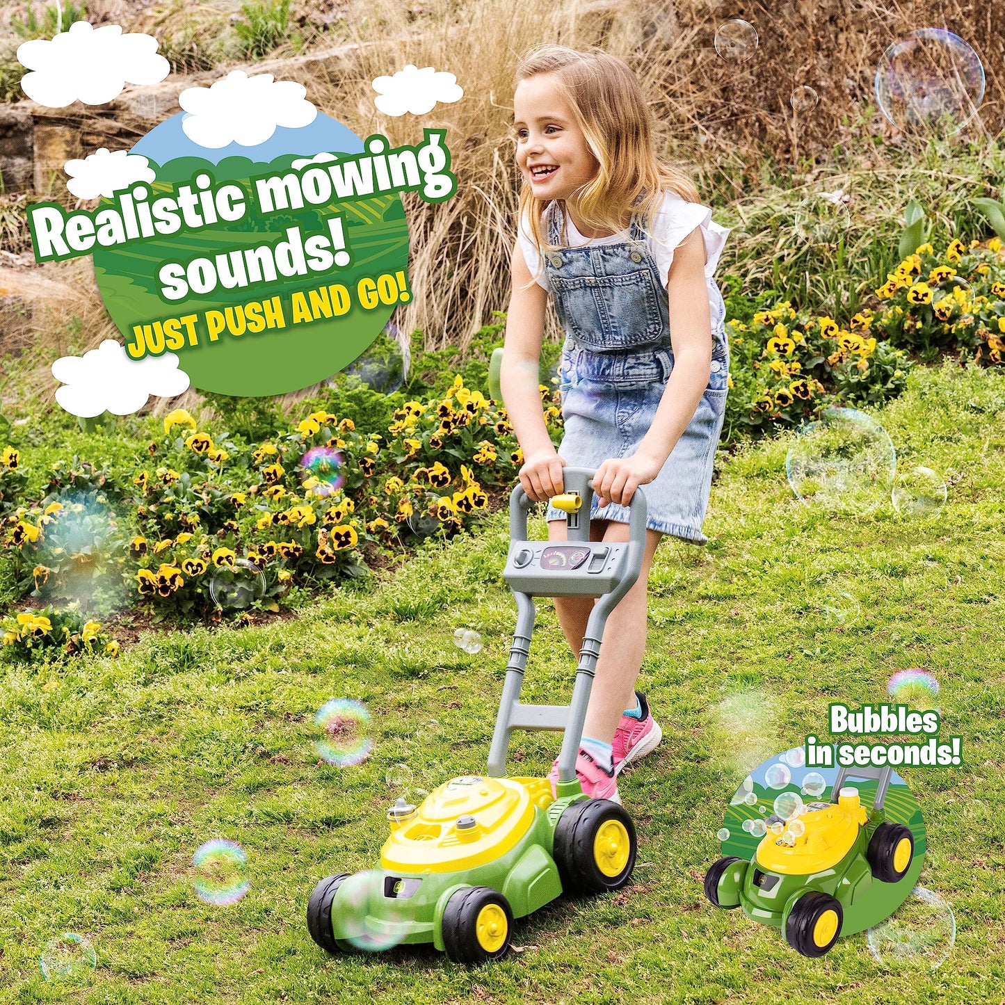 John Deere Bubble Lawn Mower for Toddlers – Push Along Bubble Toy, No Batteries, 2+, Indoor & Outdoor Play