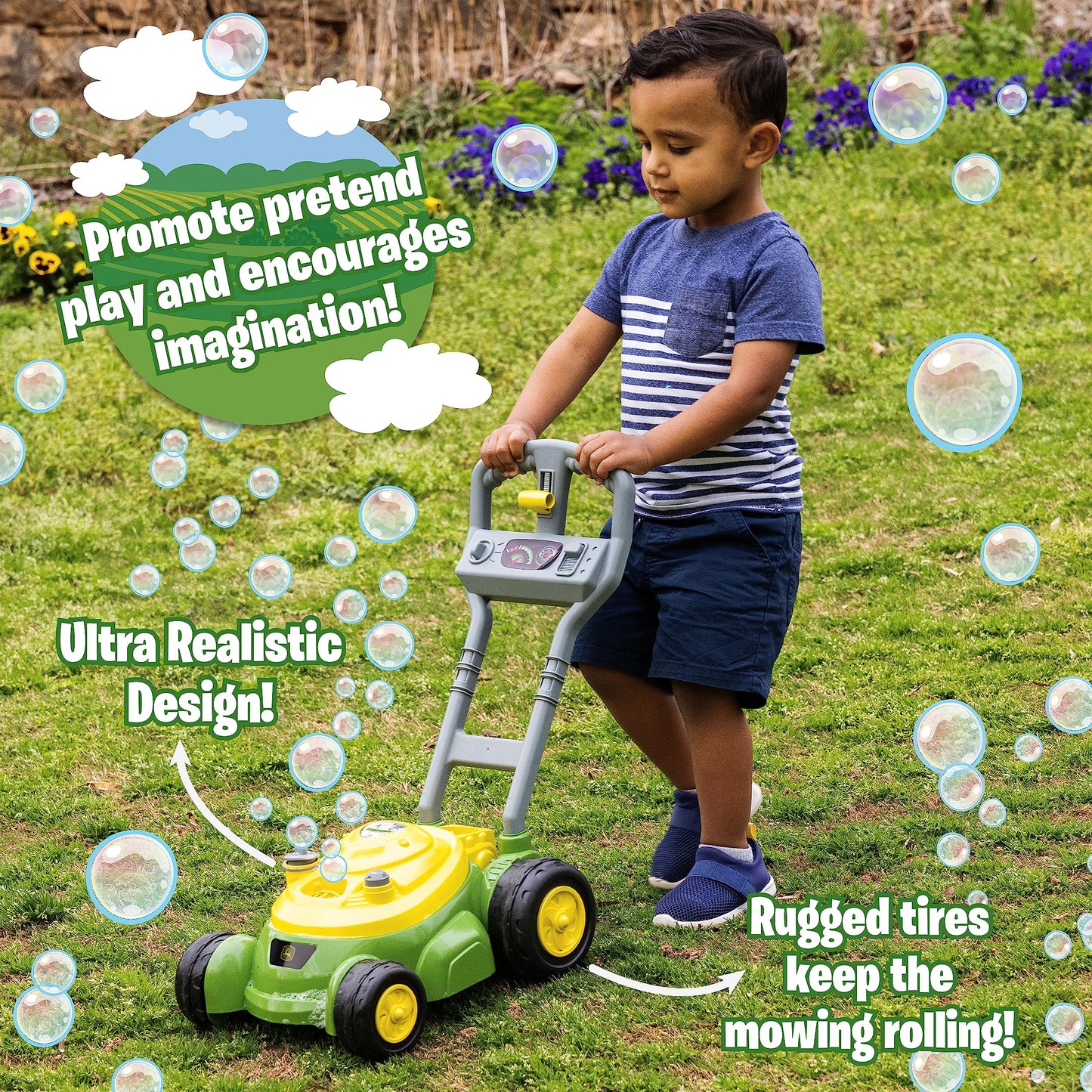 John Deere Bubble Lawn Mower for Toddlers – Push Along Bubble Toy, No Batteries, 2+, Indoor & Outdoor Play