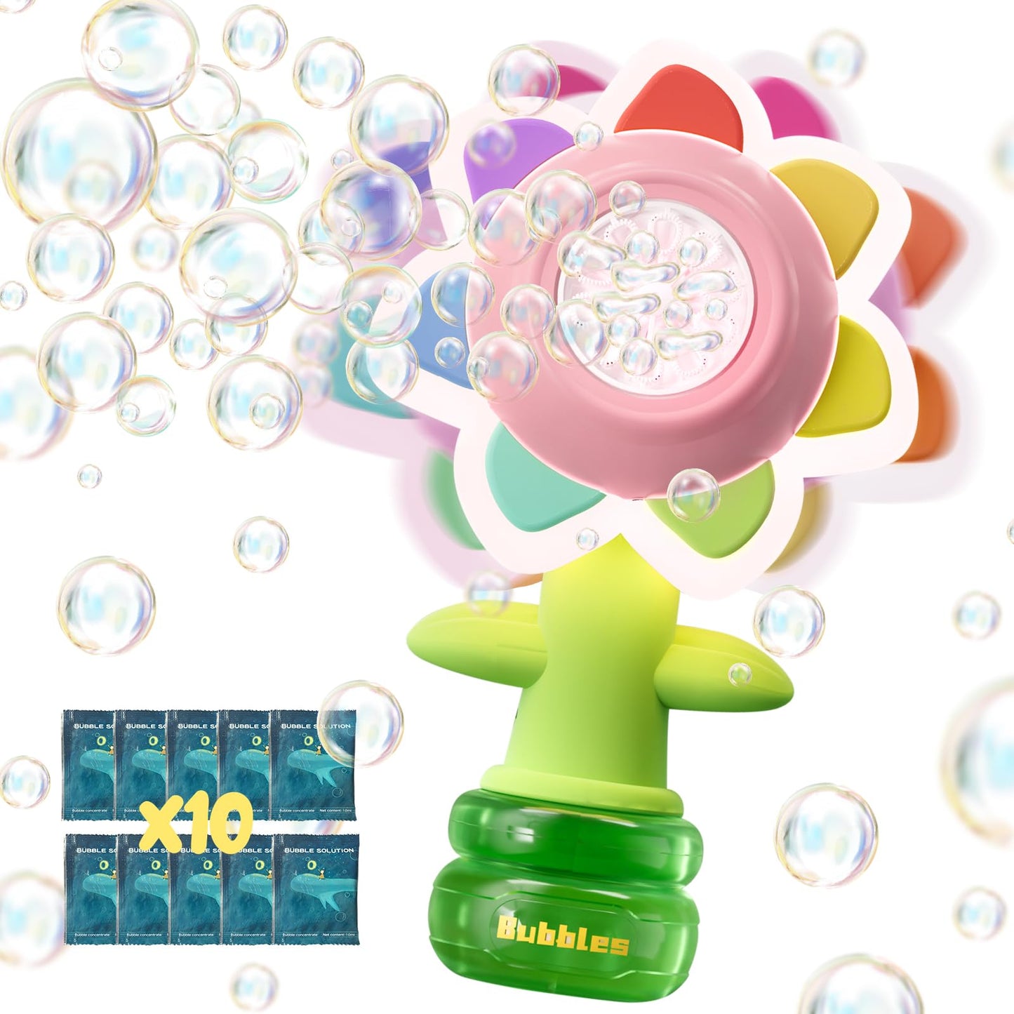 JOI MEW Rechargeable Flower Bubble Gun – Pink, LED Lights, 10 Refills, 2-Pack