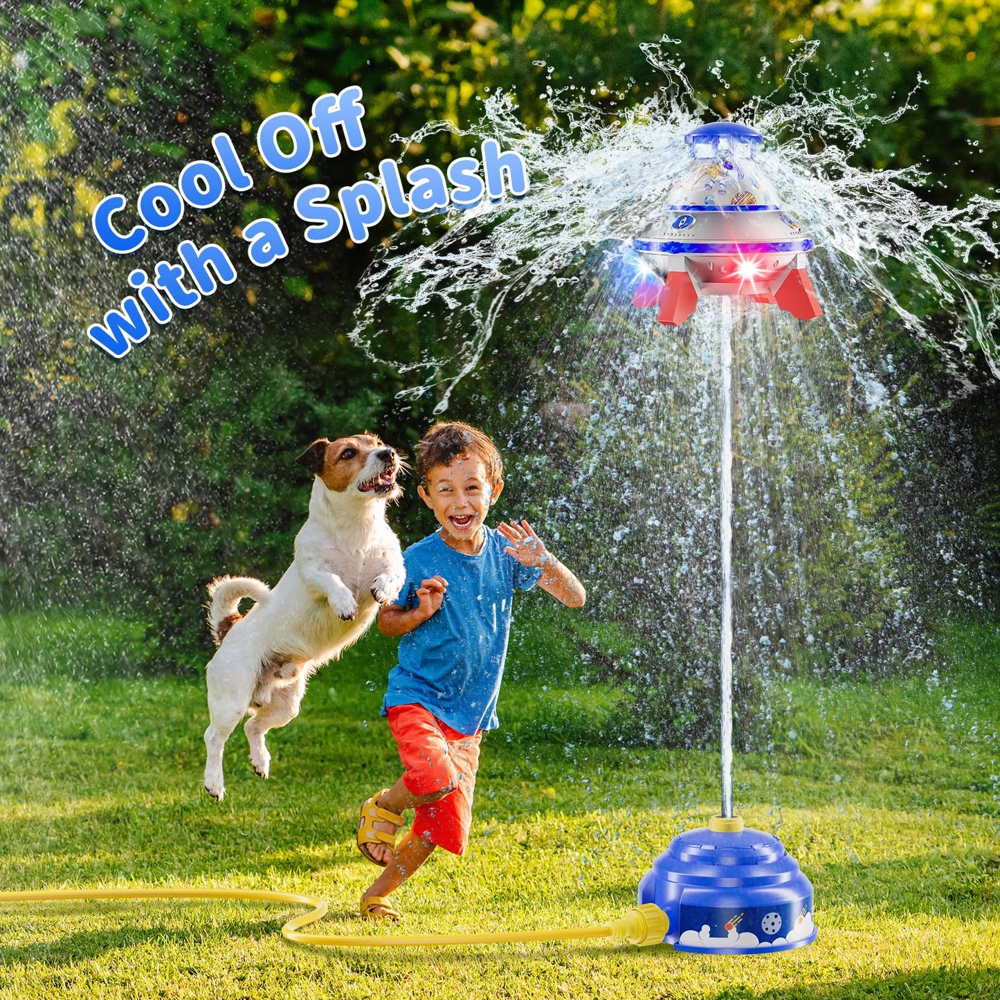 JOI MEW UFO Water Sprinkler for Kids – Lighted Spin, Adjustable Height Water Rocket Toy