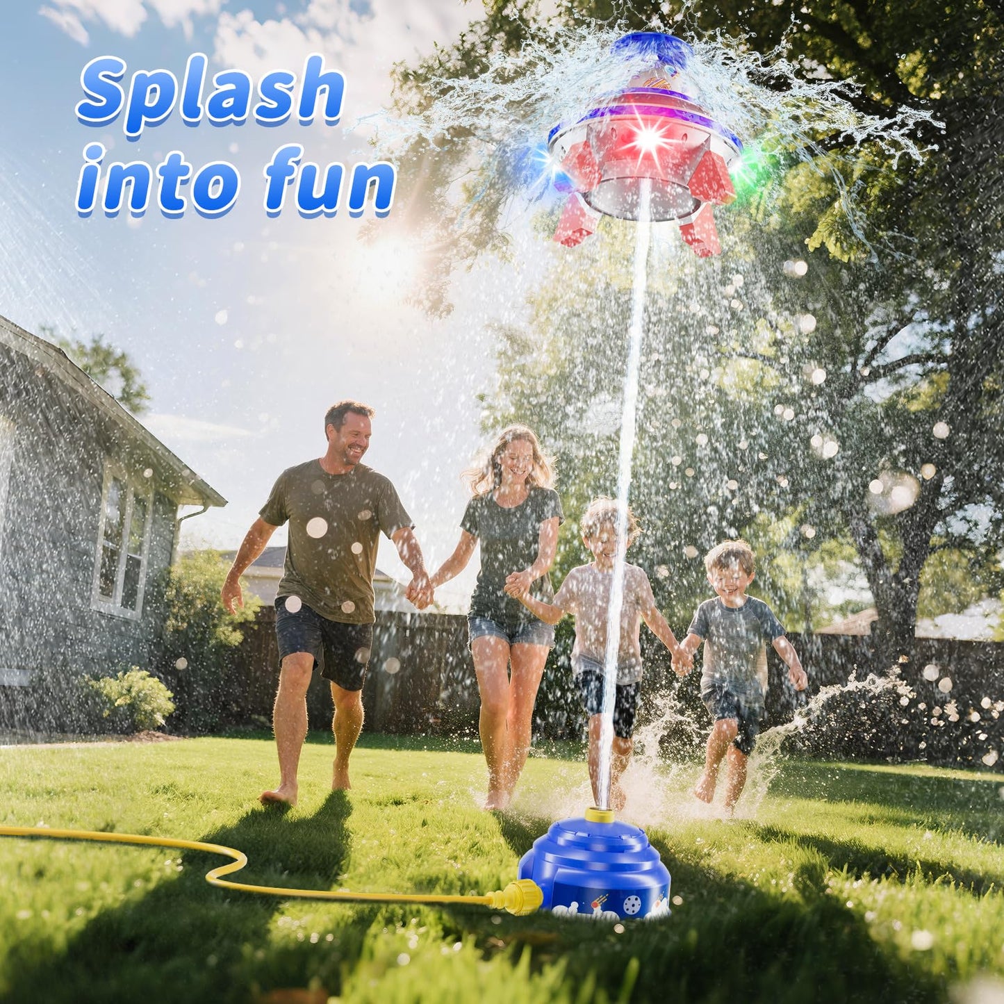JOI MEW UFO Water Sprinkler for Kids – Lighted Spin, Adjustable Height Water Rocket Toy