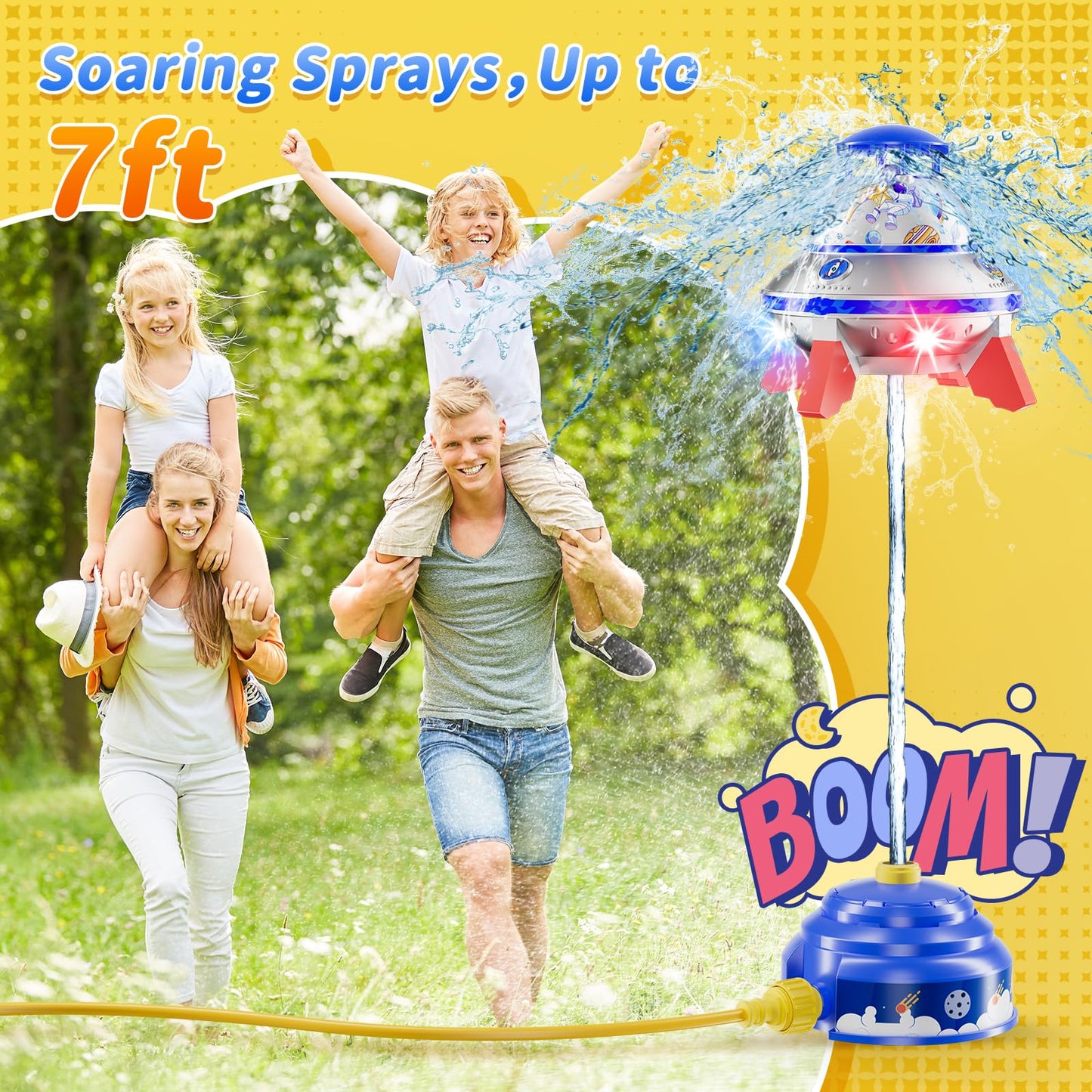 JOI MEW UFO Water Sprinkler for Kids – Lighted Spin, Adjustable Height Water Rocket Toy