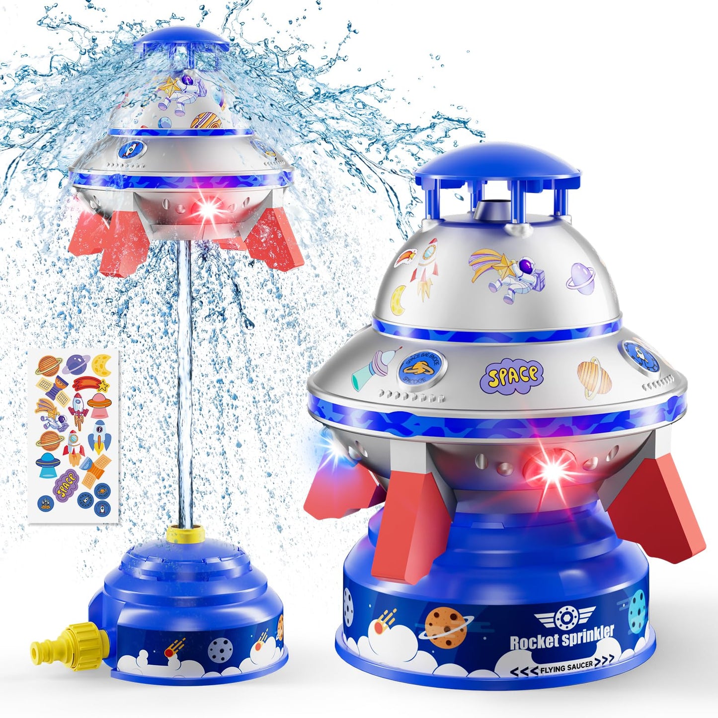 JOI MEW UFO Water Sprinkler for Kids – Lighted Spin, Adjustable Height Water Rocket Toy