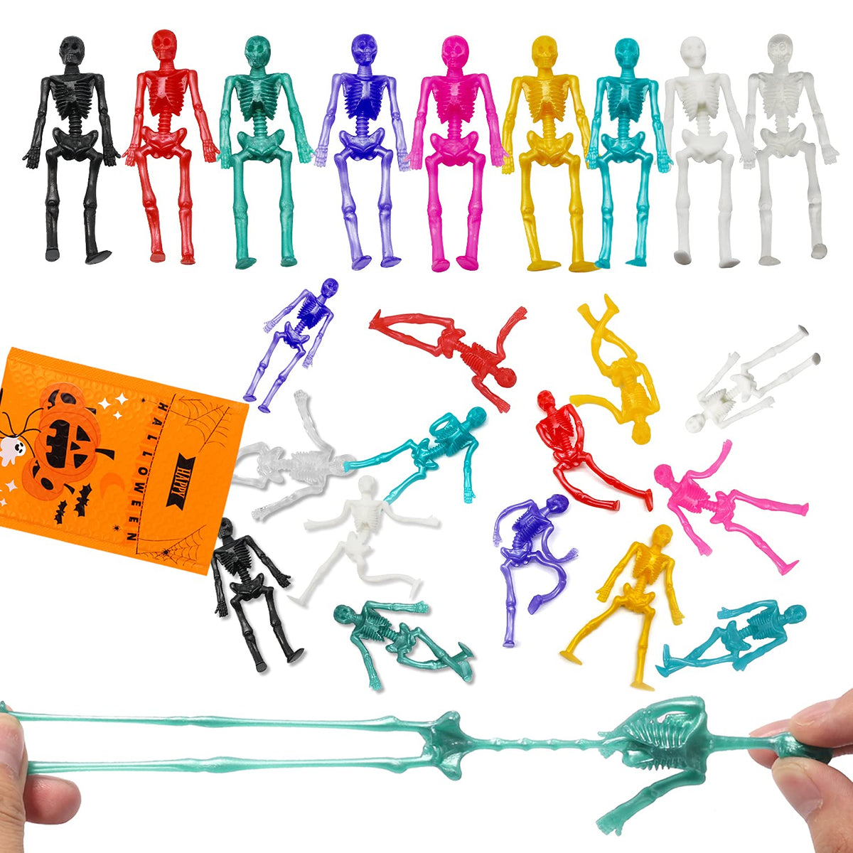 JOICEE 24PCS Halloween Stretchy Skeleton Toys – Colorful Party Favors & Goody Bag Fillers