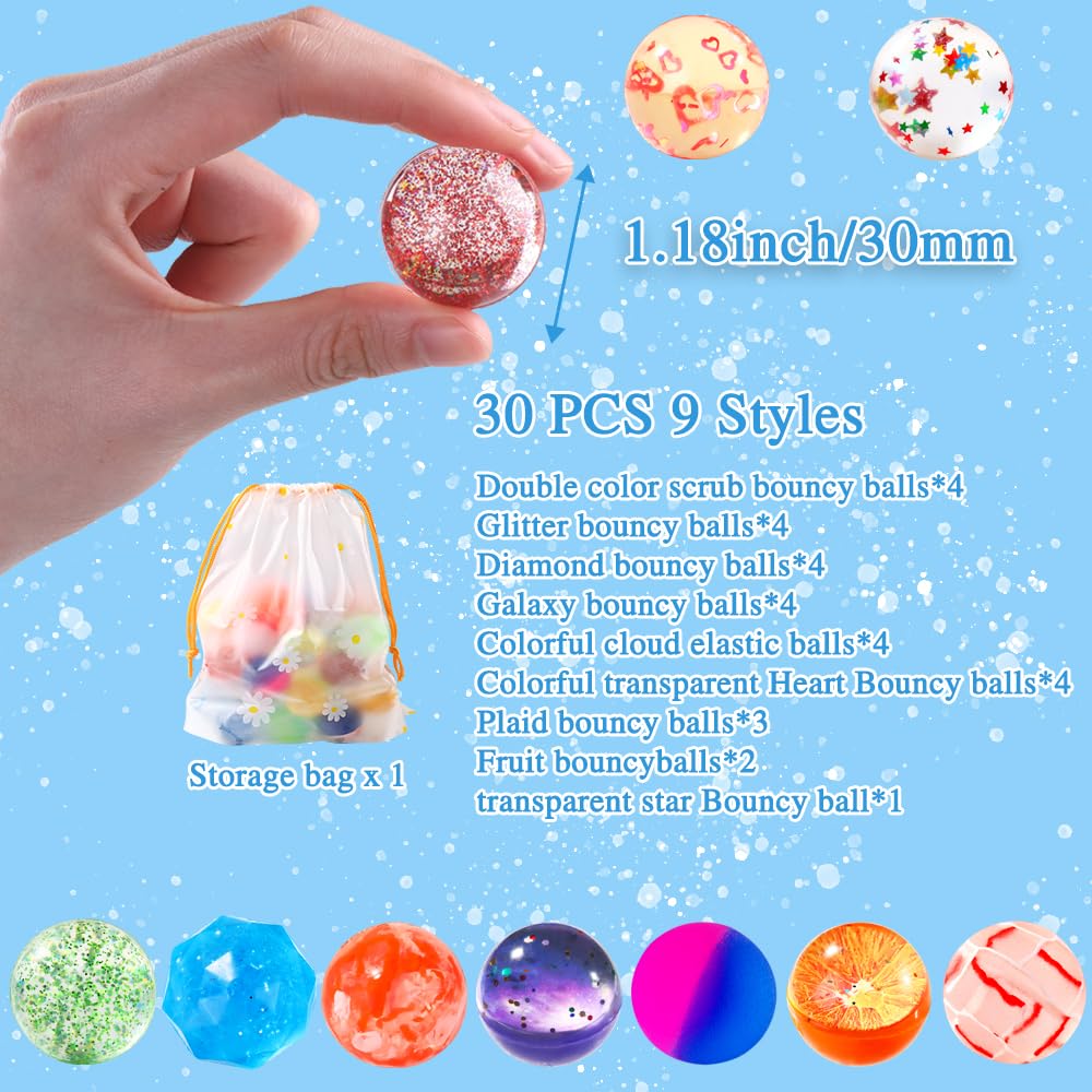 JOICEE 30Pcs Bouncy Balls – 9 Styles 30mm Set with Storage Bag | Kids Party Favors & Classroom Prizes