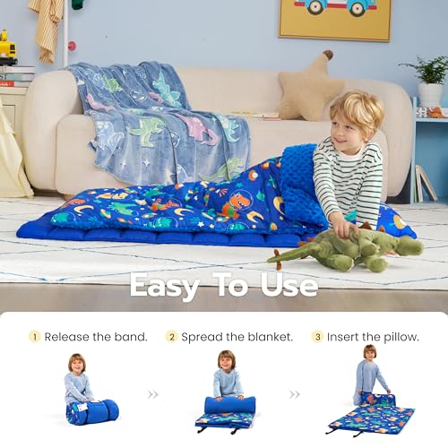 Joiedomi Toddler Sleeping Bag Nap Mat with Removable Pillow & Minky Blanket – 55x22, Dinosaur Design