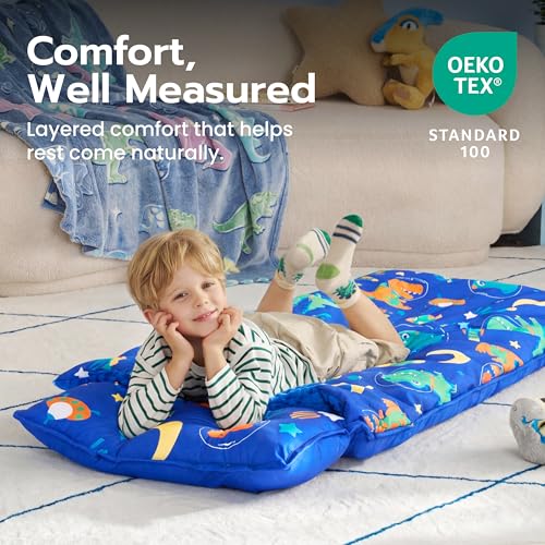 Joiedomi Toddler Sleeping Bag Nap Mat with Removable Pillow & Minky Blanket – 55x22, Dinosaur Design