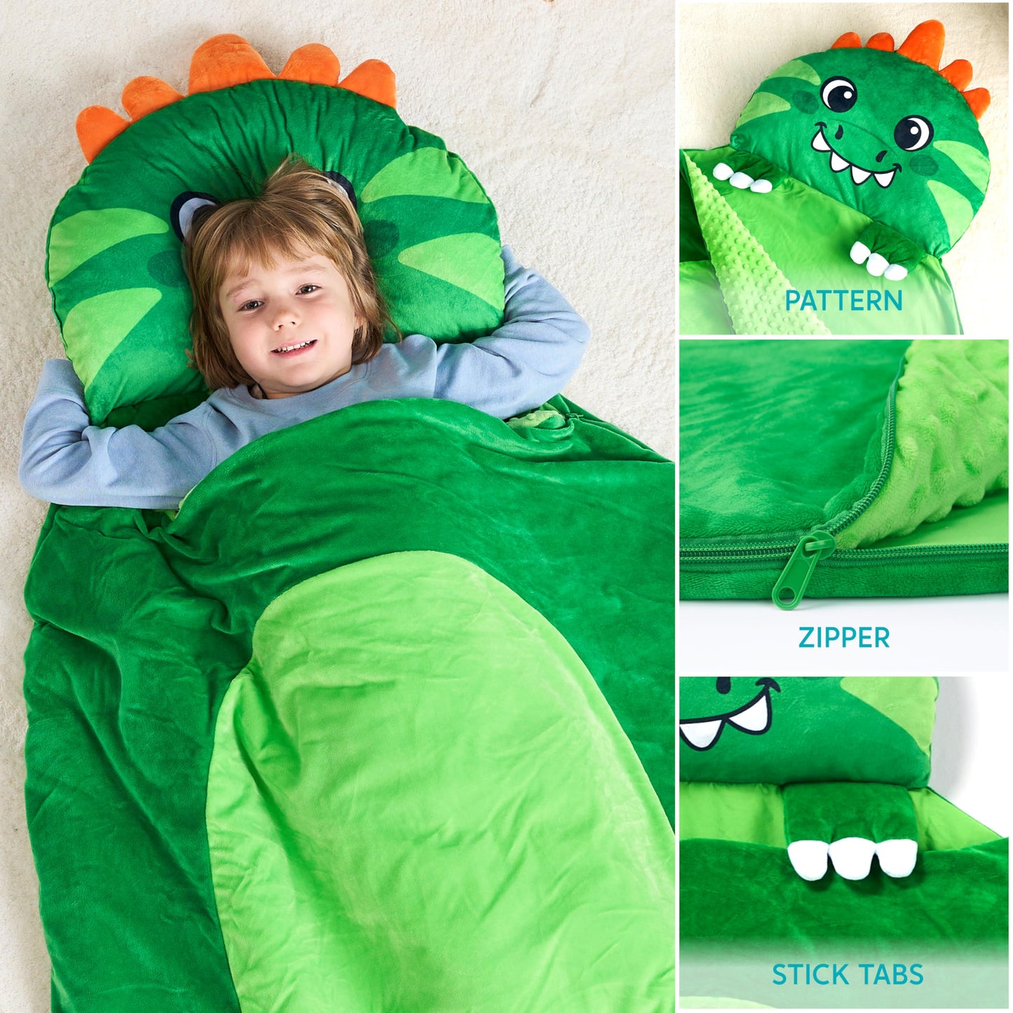 JOIEDOMI Kids Sleeping Bag Nap Mat 60x39 with Pillow & Blanket — Dinosaur Plush for Preschool & Daycare