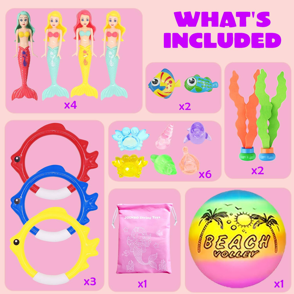 JOINBO 18 Pcs Diving Pool Toys for Kids 3-12 | Mermaid & Treasure Hunt Set with Storage Bag