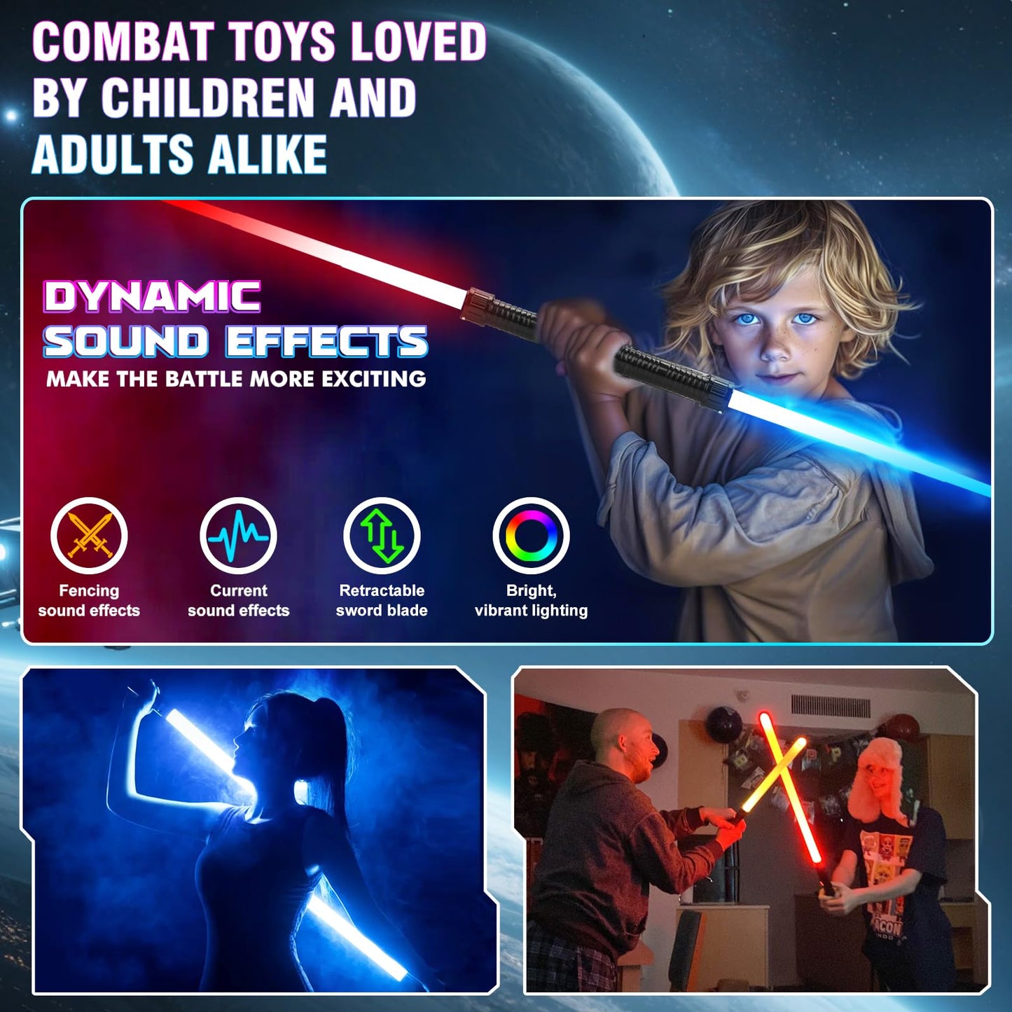 JOINBO Light Up Swords Saber 4-Pack – 7 Colors, FX Sound, Expandable 13–33 in