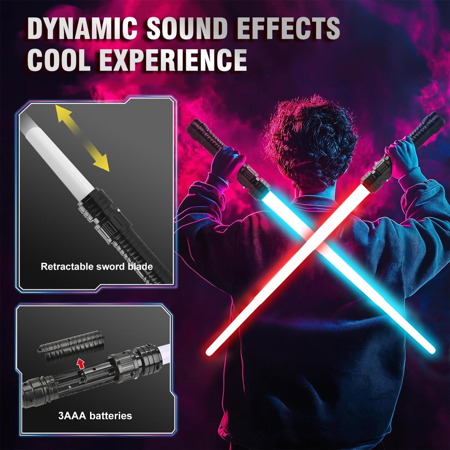 JOINBO Light Up Swords Saber 4-Pack – 7 Colors, FX Sound, Expandable 13–33 in