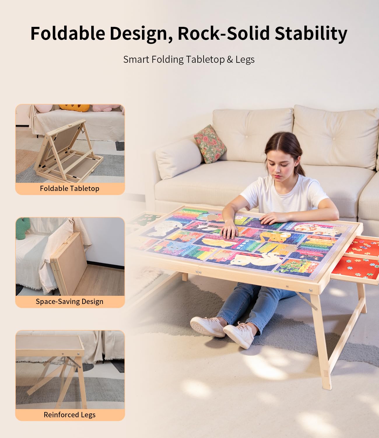 JOIN&JOY Foldable Puzzle Table with Legs — 34x25-Inch Wood Puzzle Board with Drawers & Covers