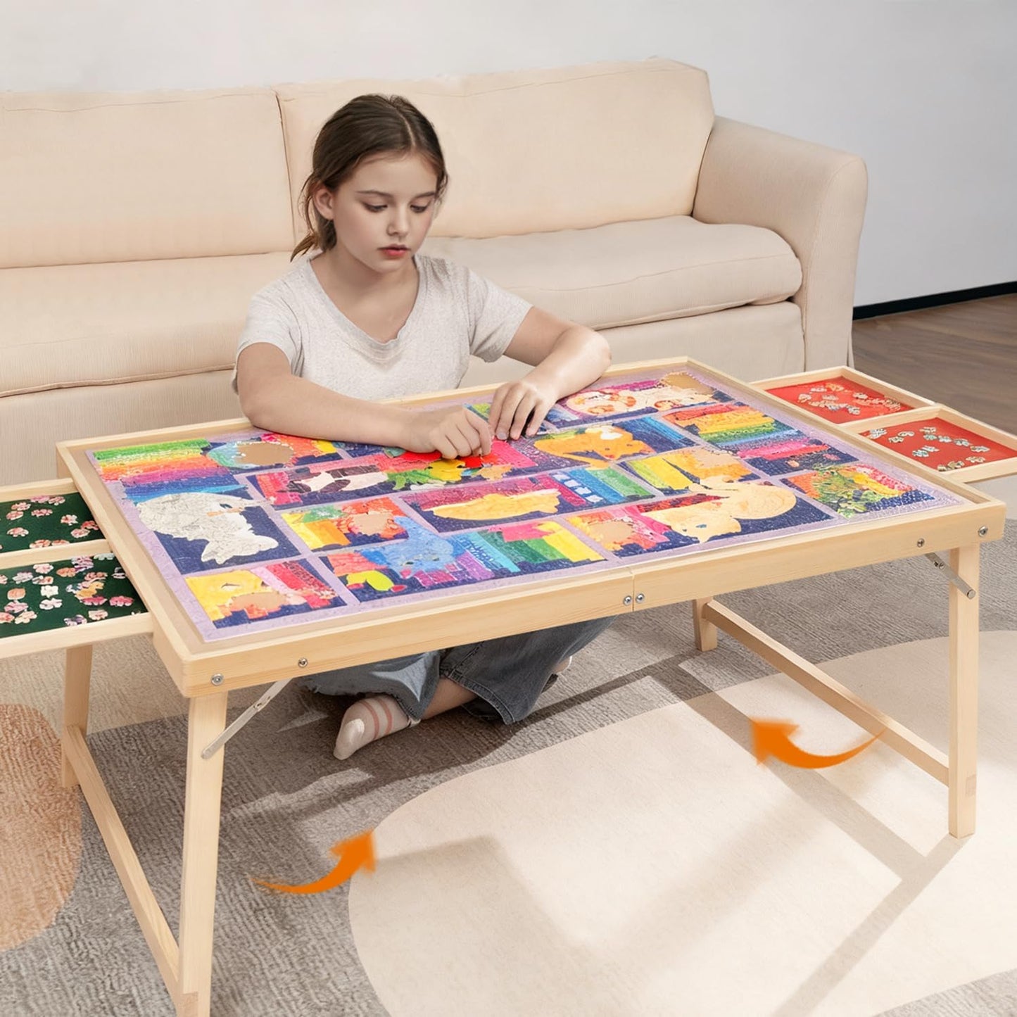 JOIN&JOY Foldable Puzzle Table with Legs — 34x25-Inch Wood Puzzle Board with Drawers & Covers