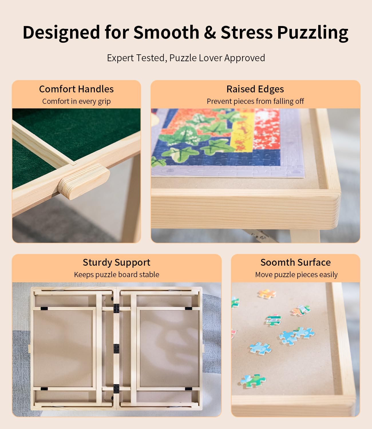 JOIN&JOY Foldable Puzzle Table with Legs — 34x25-Inch Wood Puzzle Board with Drawers & Covers
