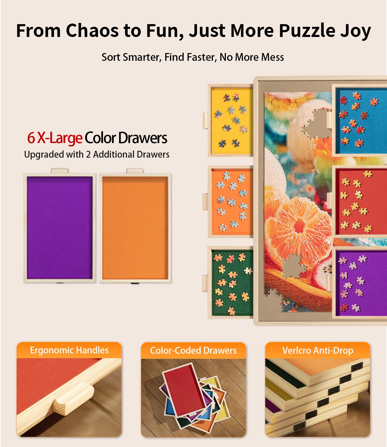 Join&Joy Puzzle Board Pro — 6 Drawers, Rotating Lazy Susan, 40" x 29" Hardwood Puzzle Board
