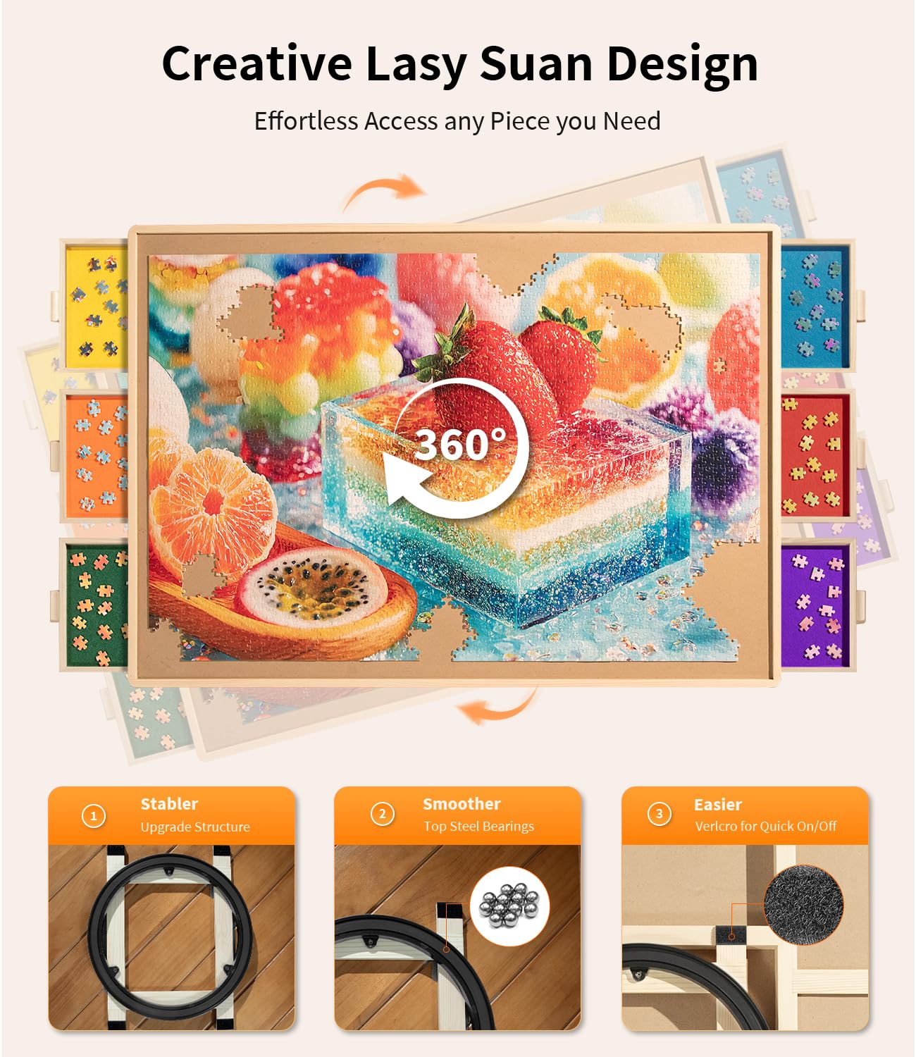 Join&Joy Puzzle Board Pro — 6 Drawers, Rotating Lazy Susan, 40" x 29" Hardwood Puzzle Board