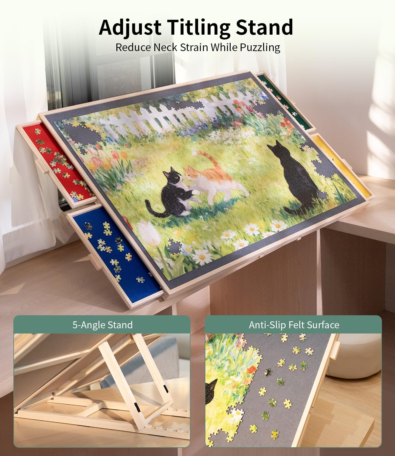 JOIN&JOY 1500-Piece Tilting & Rotating Puzzle Board – Non-Slip, Protective Cover, Colorful Drawers