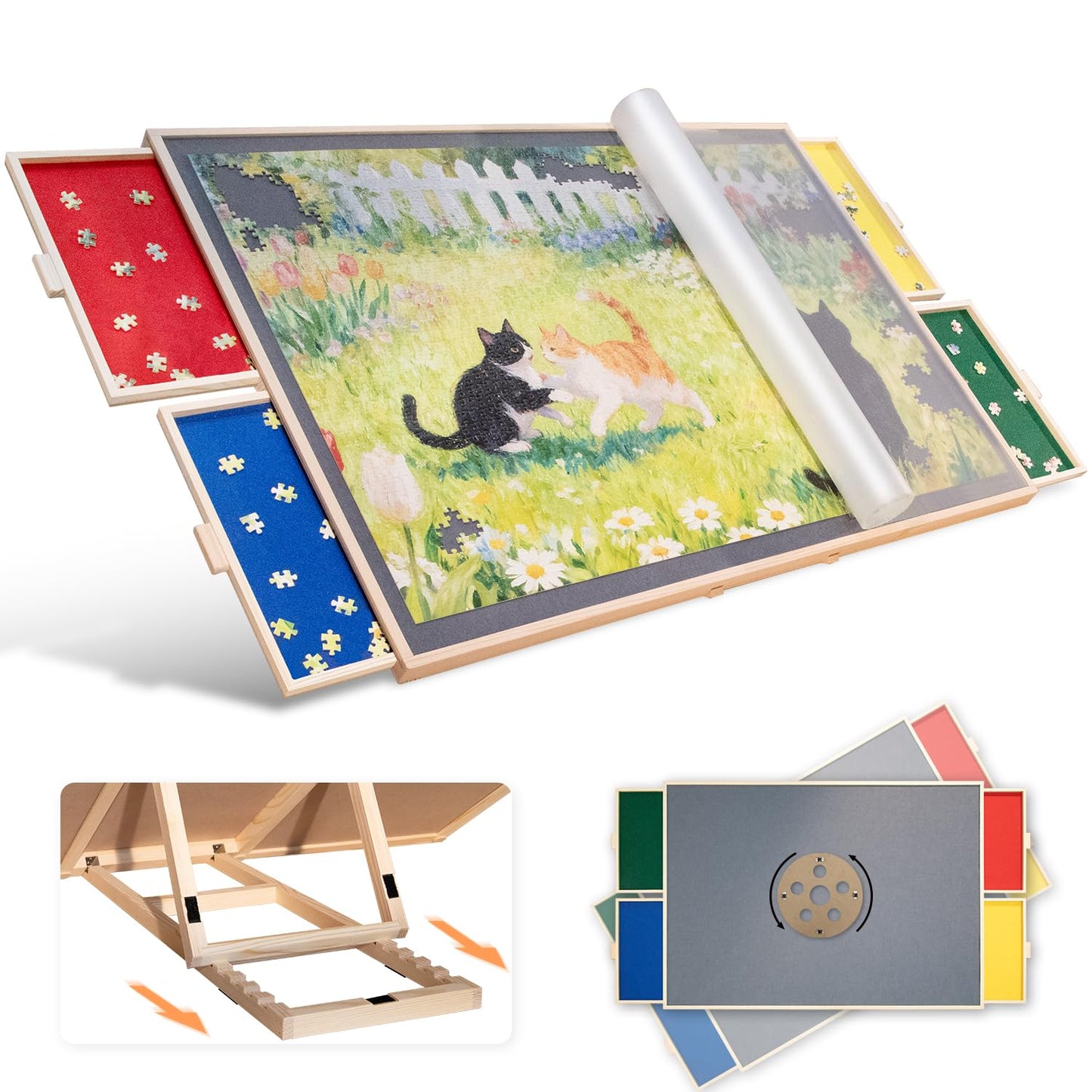 JOIN&JOY 1500-Piece Tilting & Rotating Puzzle Board – Non-Slip, Protective Cover, Colorful Drawers