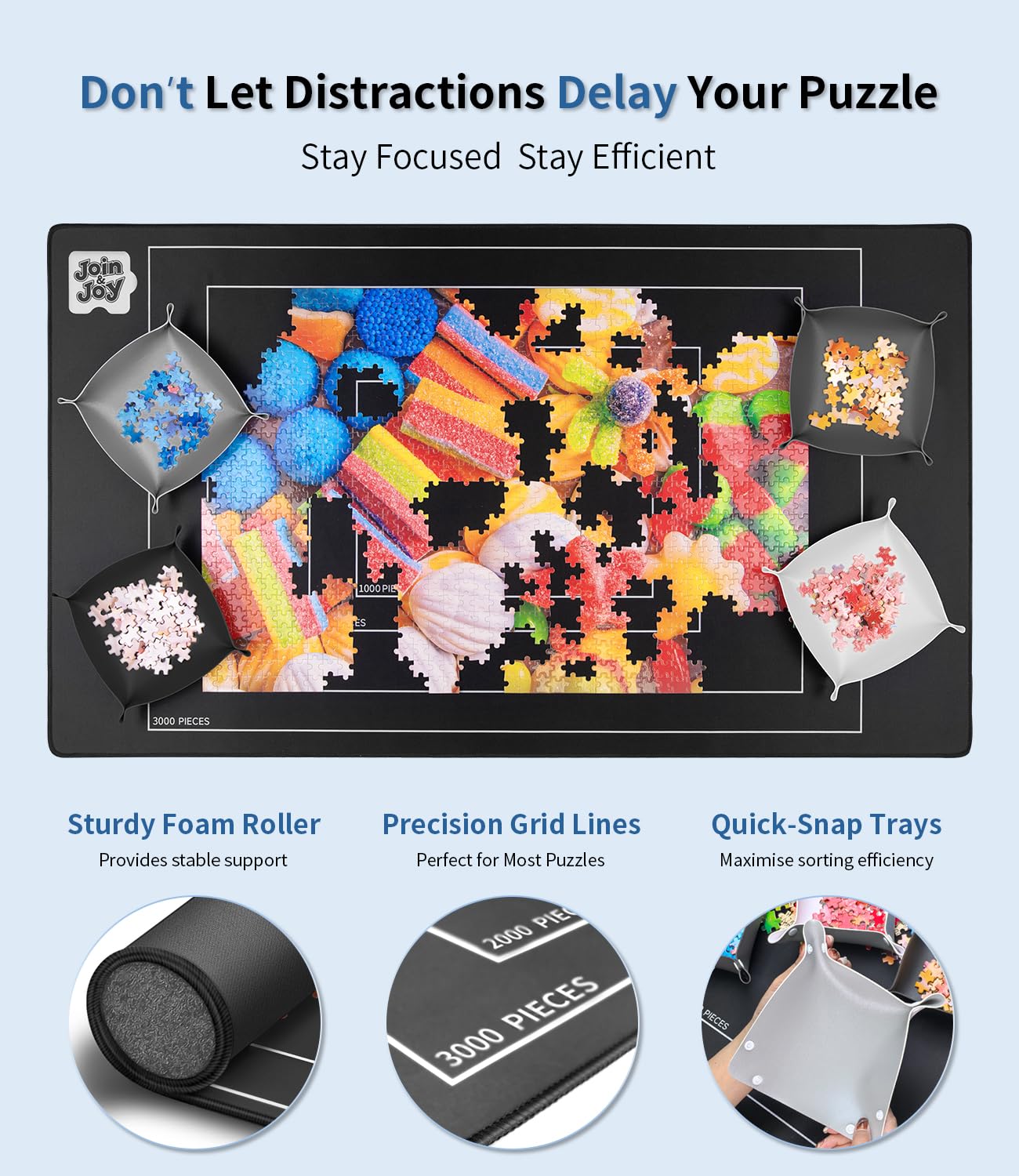JOIN&JOY Jigsaw Puzzle Mat Roll Up – 55x35 in., 4 Sorting Trays, Travel Bag, Up to 3000 Pieces