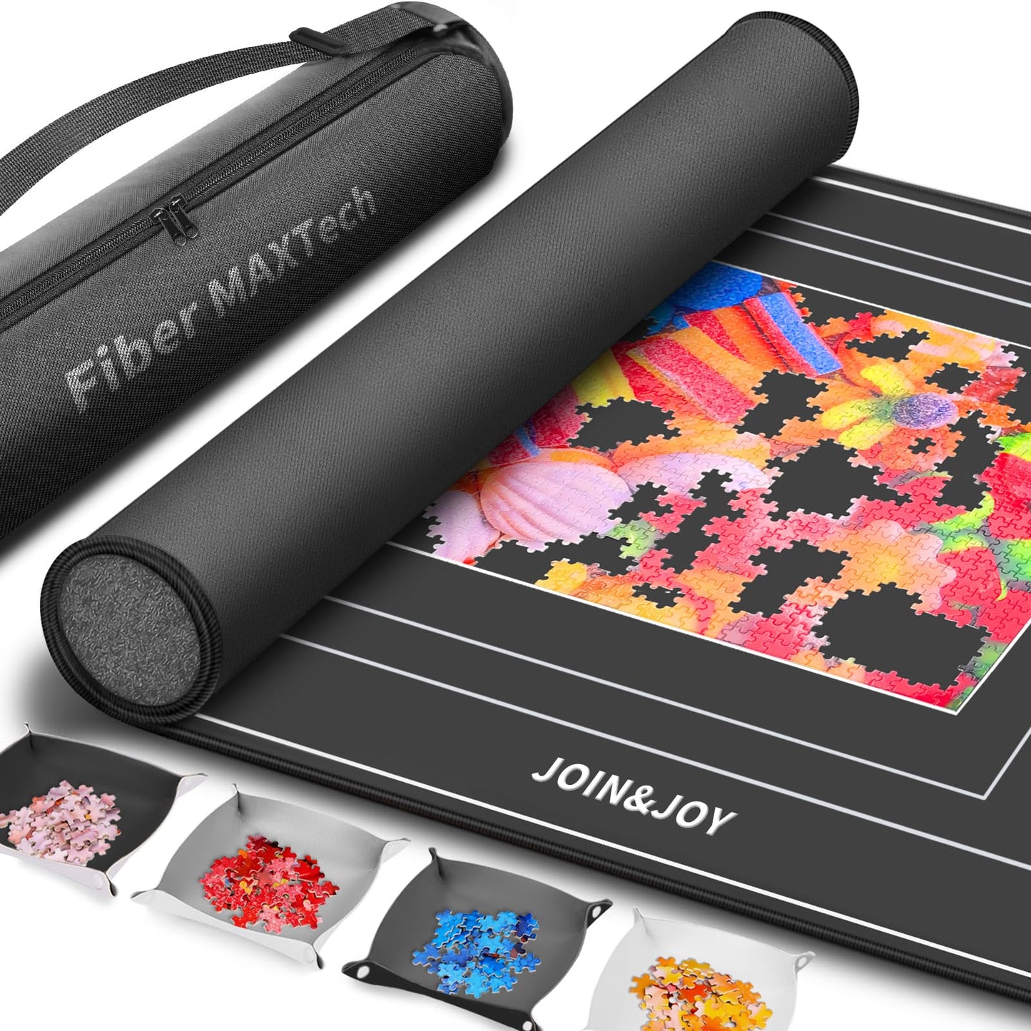 JOIN&JOY Jigsaw Puzzle Mat Roll Up – 55x35 in., 4 Sorting Trays, Travel Bag, Up to 3000 Pieces