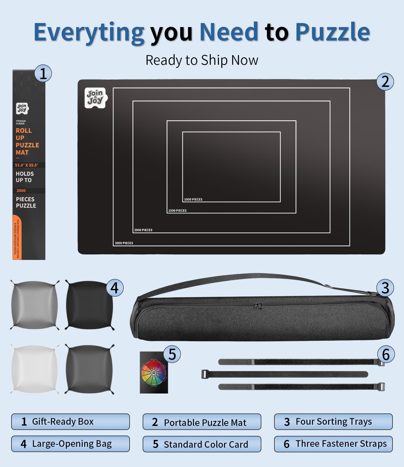JOIN&JOY Jigsaw Puzzle Mat Roll Up – 55x35 in., 4 Sorting Trays, Travel Bag, Up to 3000 Pieces