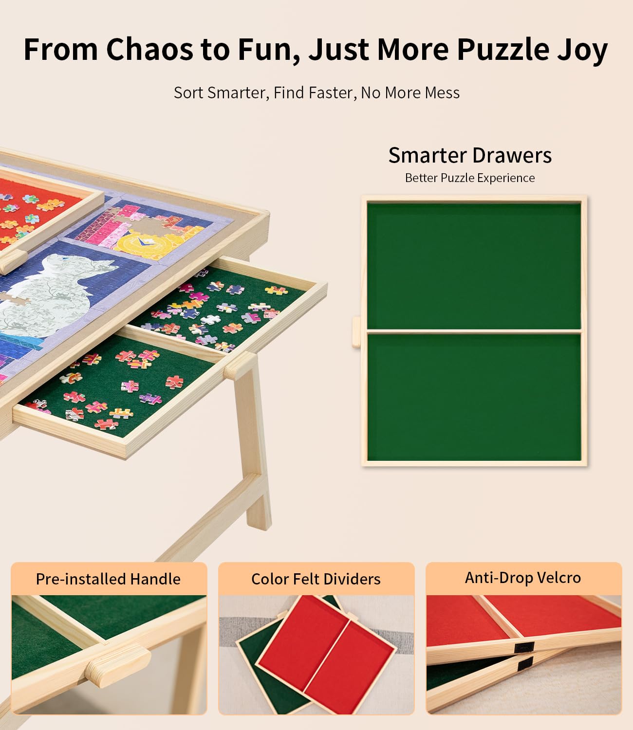 JOIN&JOY Foldable Puzzle Table with Legs — 34x25-Inch Wood Puzzle Board with Drawers & Covers