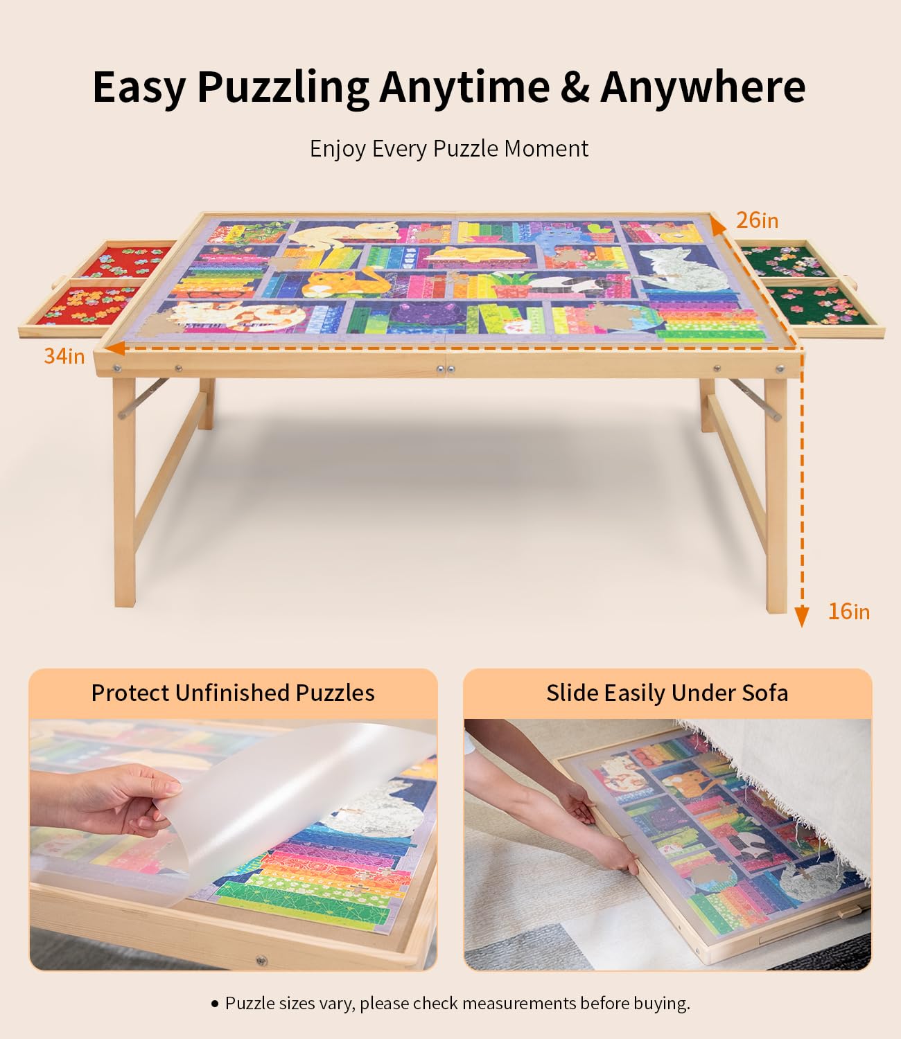 JOIN&JOY Foldable Puzzle Table with Legs — 34x25-Inch Wood Puzzle Board with Drawers & Covers