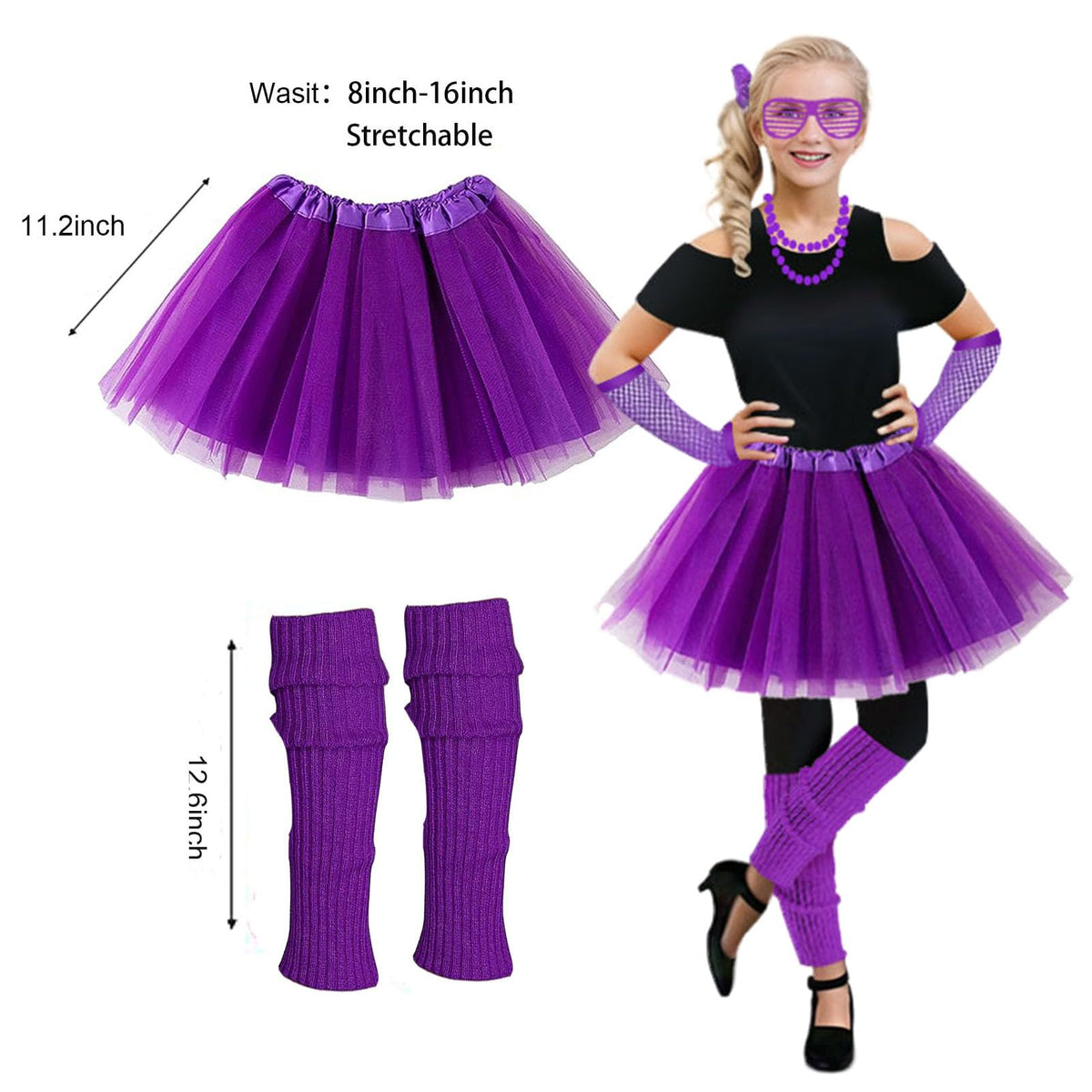 Joizomou Girls 80s Costume Accessories – 7-Piece Neon Tutu & Retro Party Set