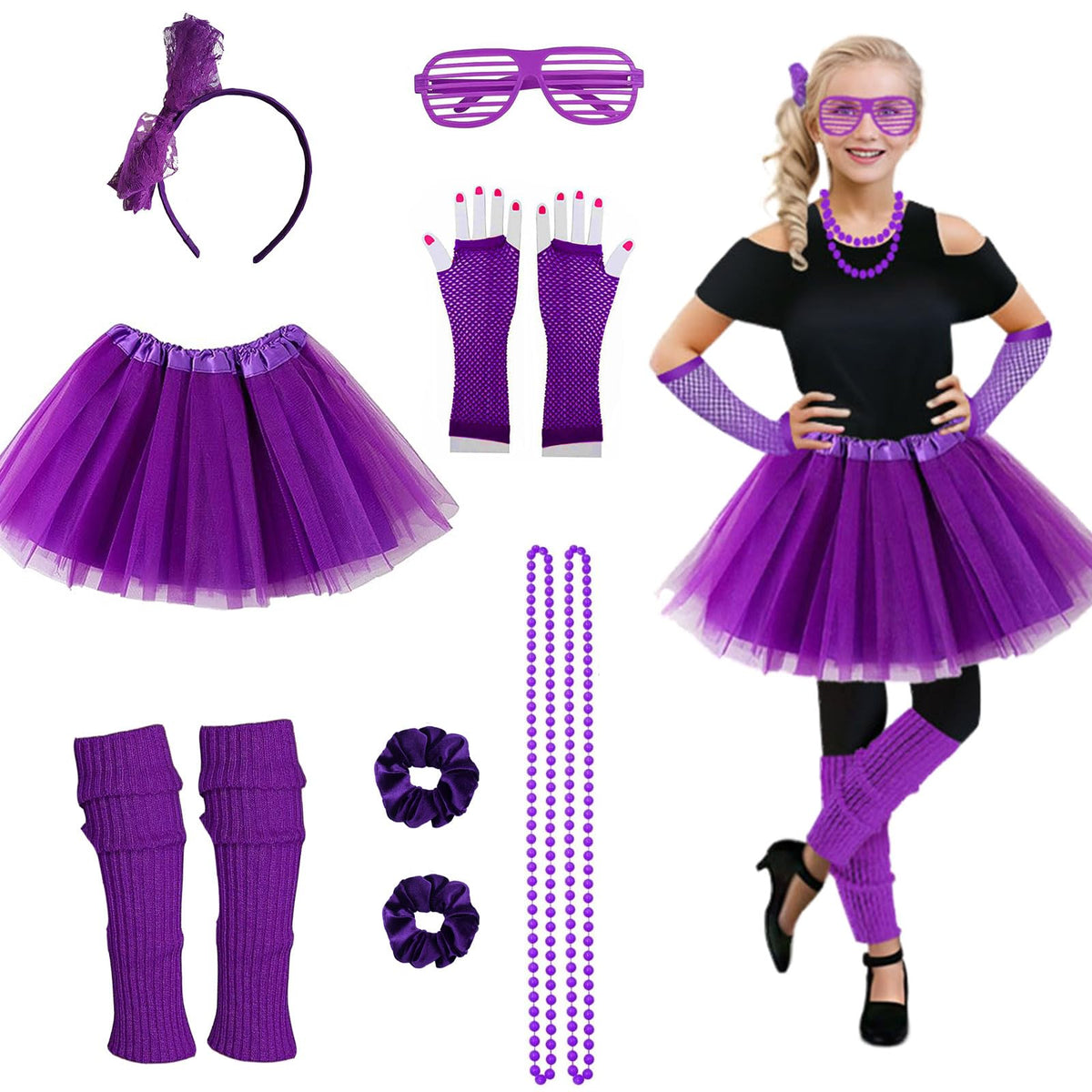 Joizomou Girls 80s Costume Accessories – 7-Piece Neon Tutu & Retro Party Set