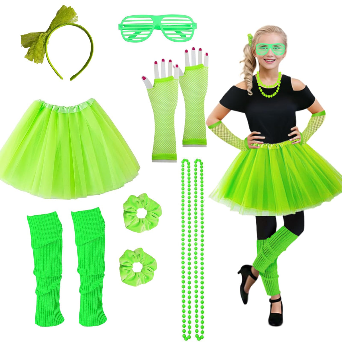 Joizomou Girls 80s Costume Set – 7pc Neon Tutu & Accessories for Cosplay