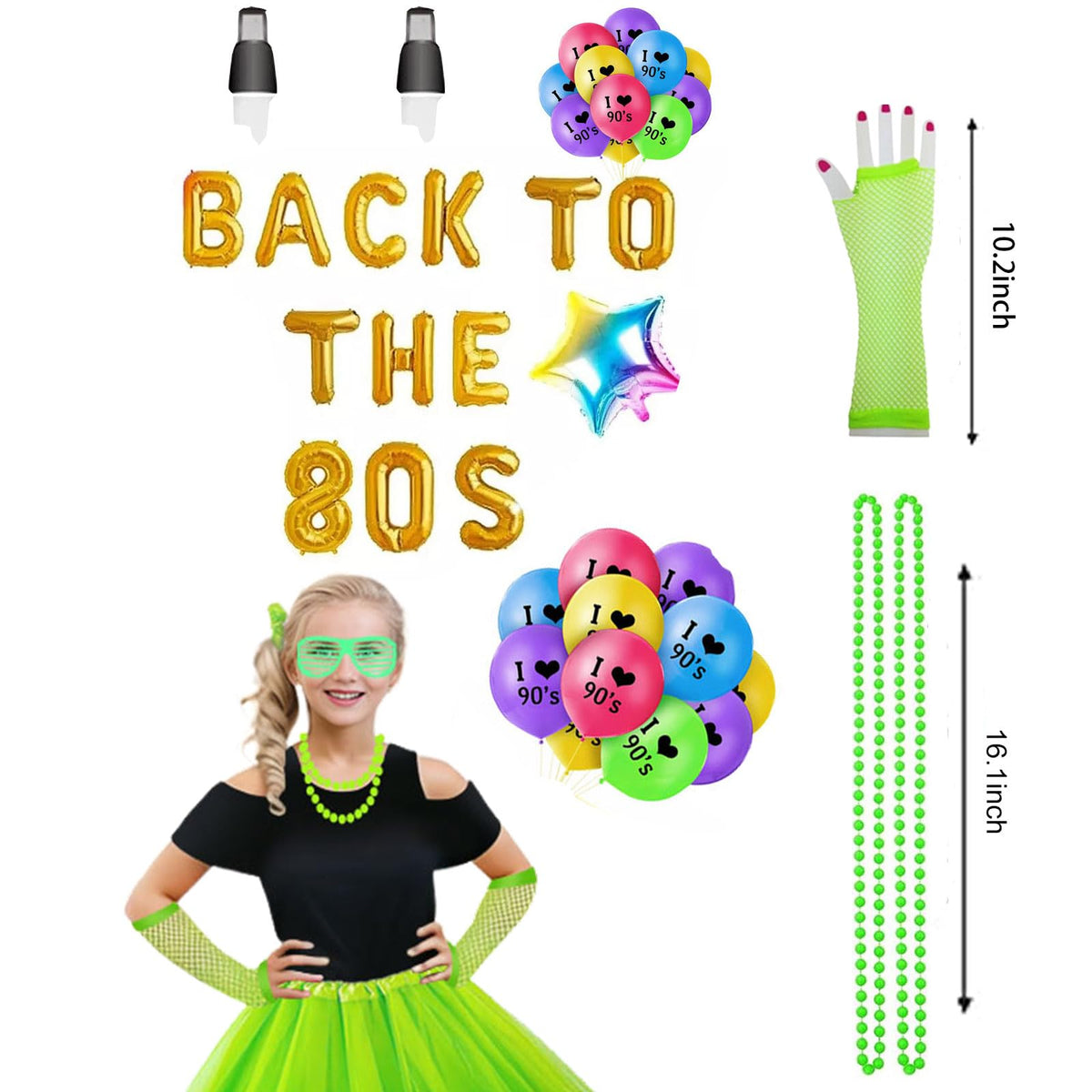 Joizomou Girls 80s Costume Set – 7pc Neon Tutu & Accessories for Cosplay