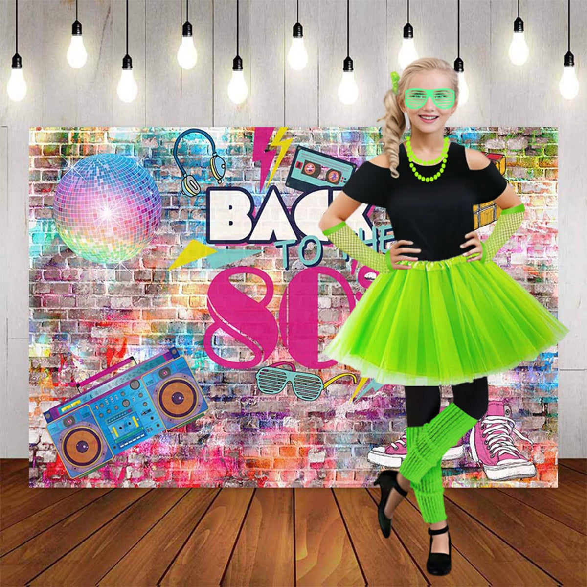 Joizomou Girls 80s Costume Set – 7pc Neon Tutu & Accessories for Cosplay