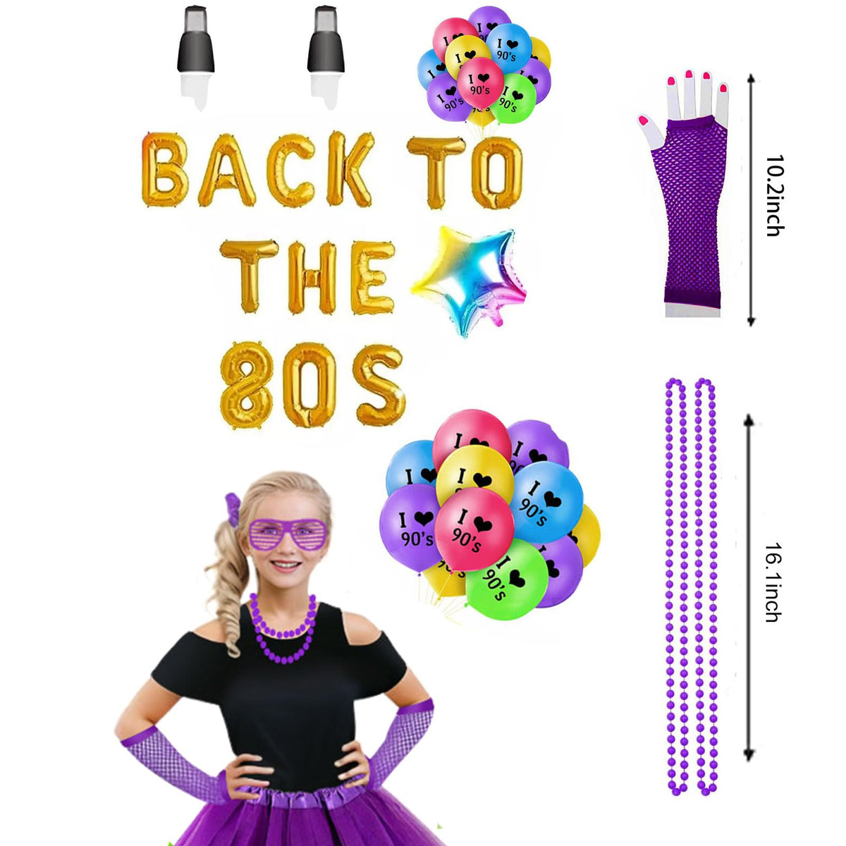 Joizomou Girls 80s Costume Accessories – 7-Piece Neon Tutu & Retro Party Set
